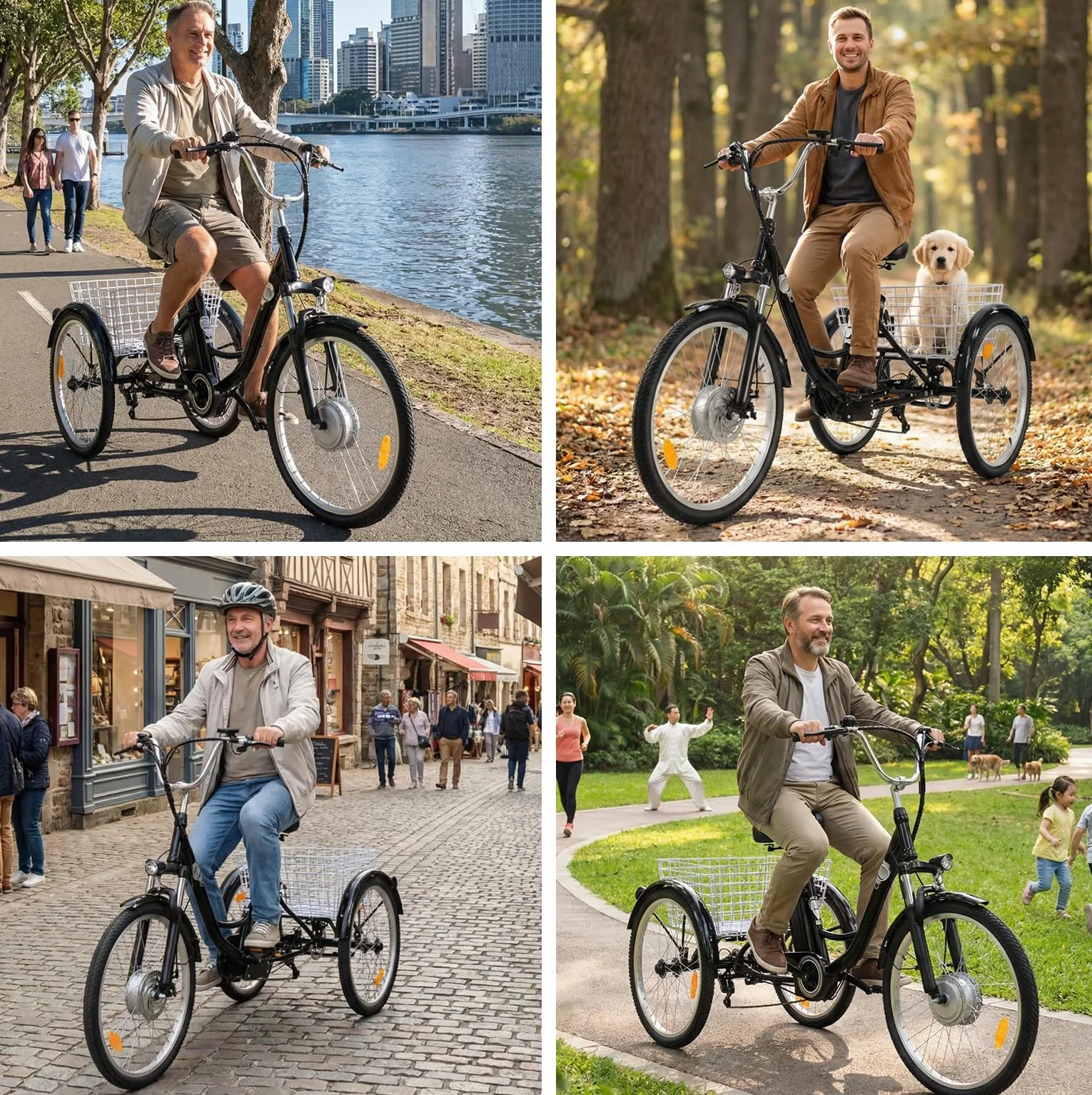 Triciclo elettrico per adulti M300 Batteria rimovibile da 36 V 15 Ah Pneumatici antiscivolo e resistenti all'usura da 24 x 2,125 pollici Triciclo da campeggio Triciclo da trasporto per anziani
