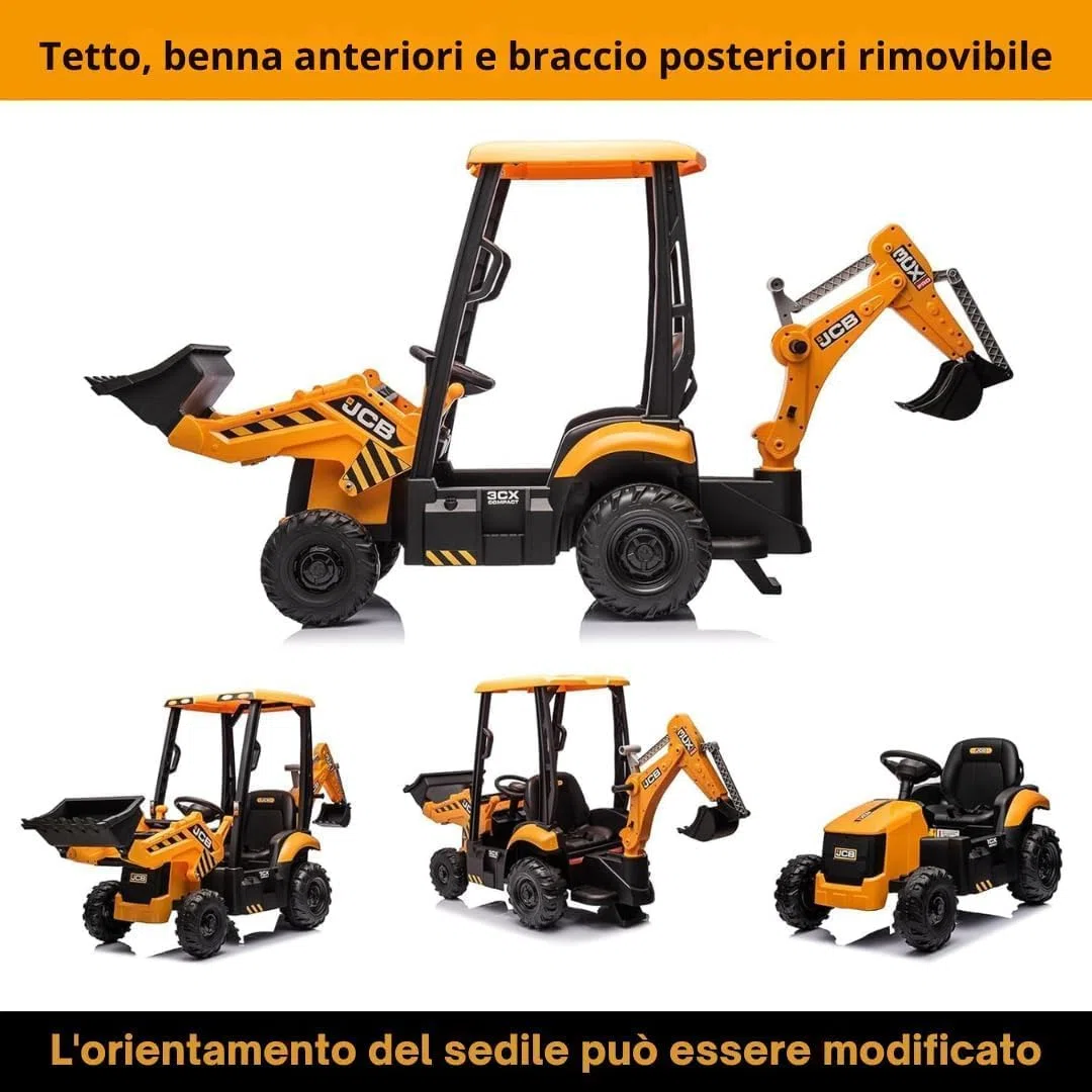 JCB Escavatore Elettrico per Bambini 24V 4 in 1 Cavalcabile con Telecomando Parentale