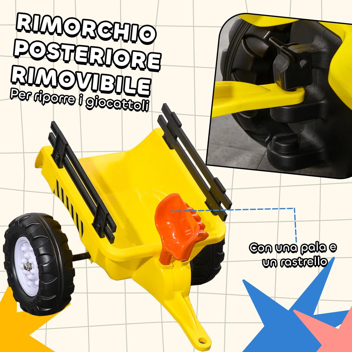 HOMCOM Trattore a Pedali per Bambini 3+ Anni con Rimorchio, Giallo