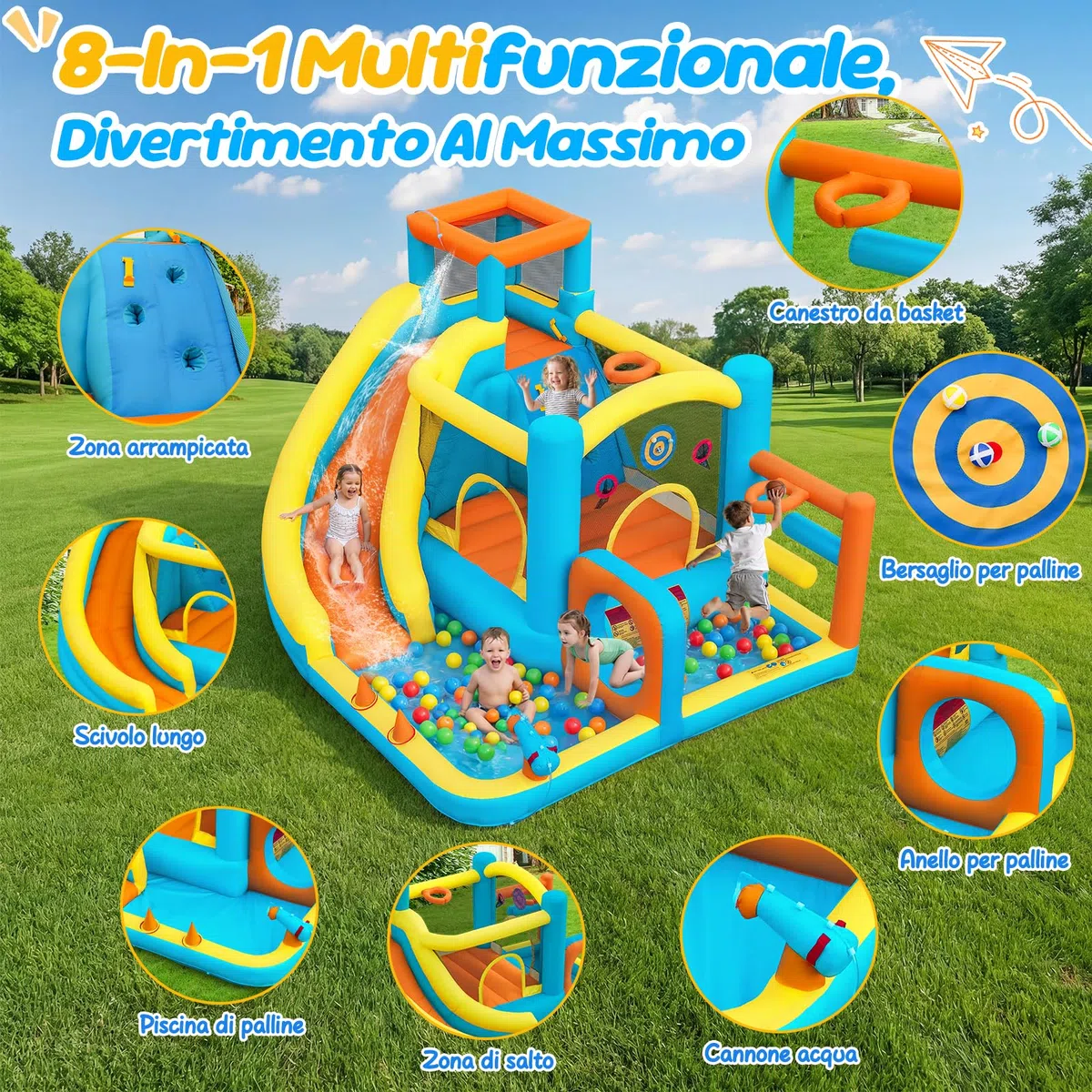 Castello Gonfiabile con Scivolo Acquatico, Piscina di Palline, Area di Salto e Parete da Arrampicata, Soffiatore d'aria Incluso, Utilizzo Interno/Esterno per Giardini, Feste e Famiglie