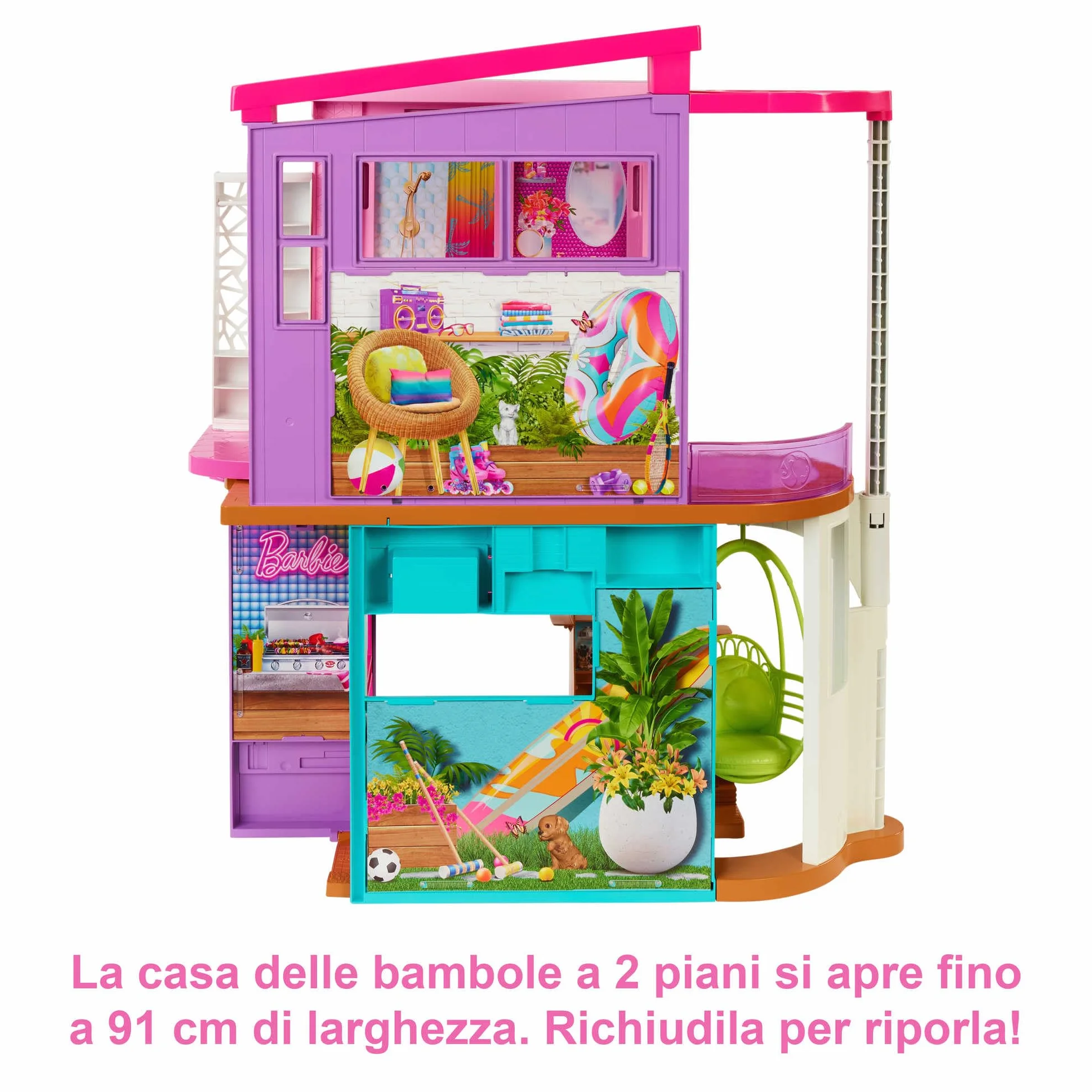Barbie - Casa di Malibu (106 cm) playset casa delle bambole con 2 piani, 6 stanze, ascensore altalena e più di 30 pezzi, Giocattolo per Bambini 3+ Anni, HCD50