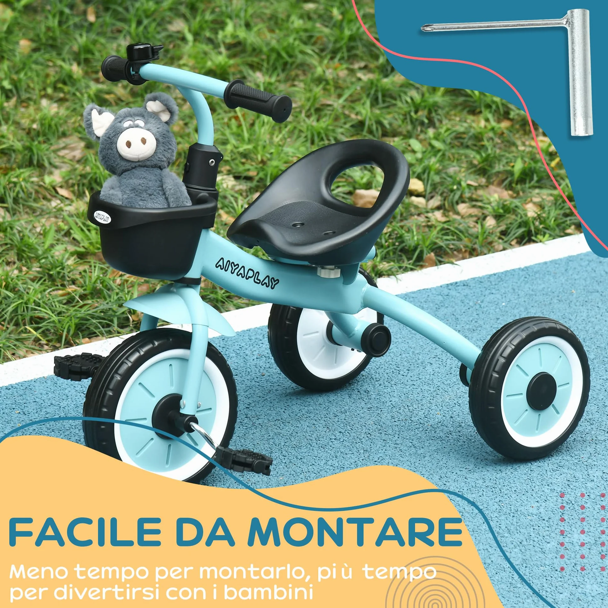 AIYAPLAY Triciclo per Bambini da 2-5 Anni con Seduta Regolabile, Bicicletta per Bambini con Cestino e Campanello, 70.5x53x58 cm, Blu