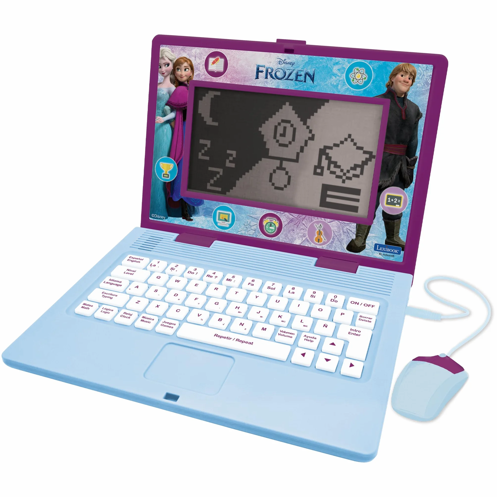 Lexibook, Frozen, Laptop bilingue ed educativo Spagnolo/Inglese, Giocattolo per Bambini, 170 attività da Imparare, Giocare e Musica, Schermo Grande, Viola/Blu, JC599FZi2