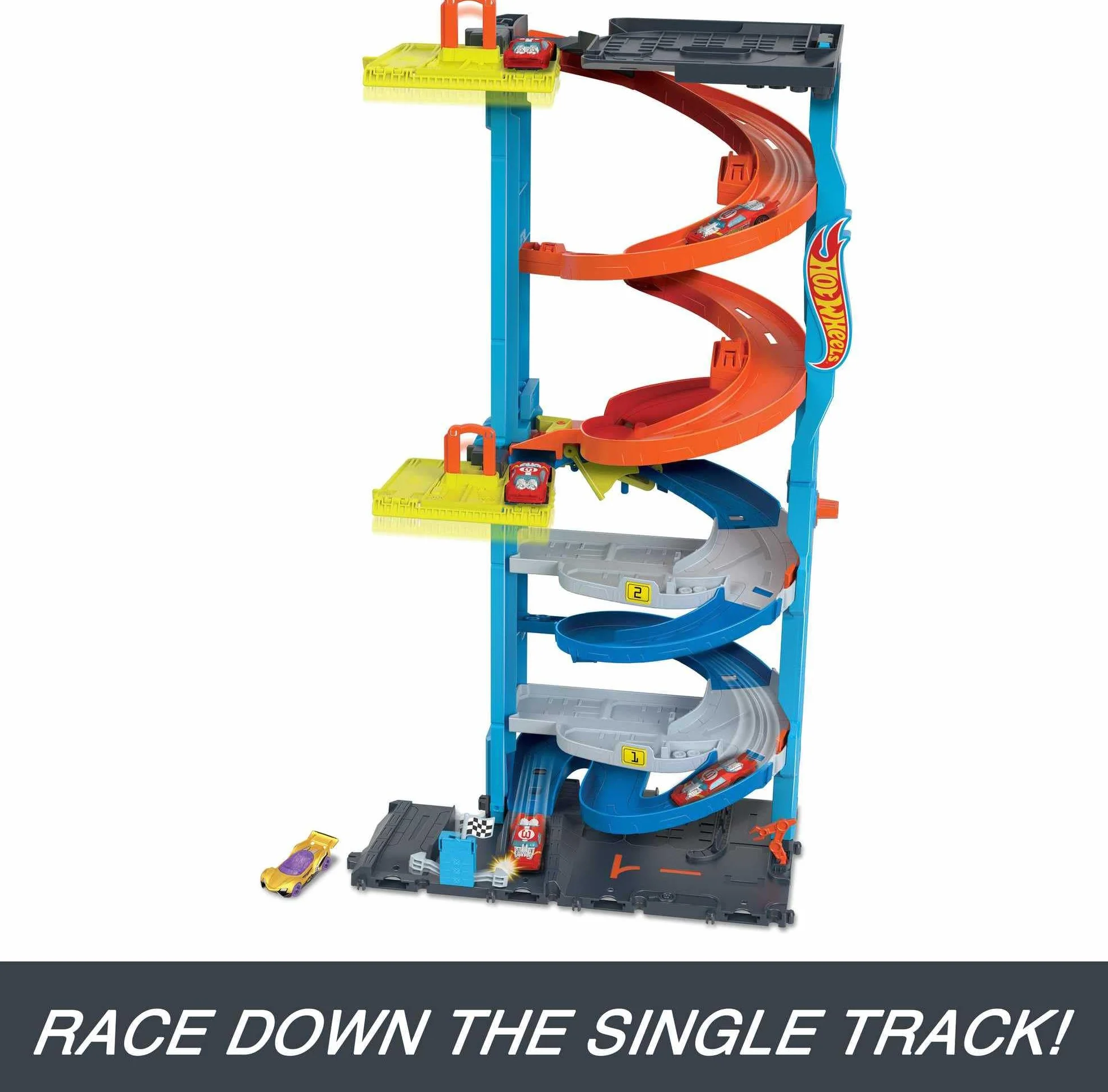 Hot Wheels City playset con pista e 1 macchinina Hot Wheels, torre 2 in 1 da modalità corsa singola a doppia, ascensore azionato manualmente incluso, HKX43