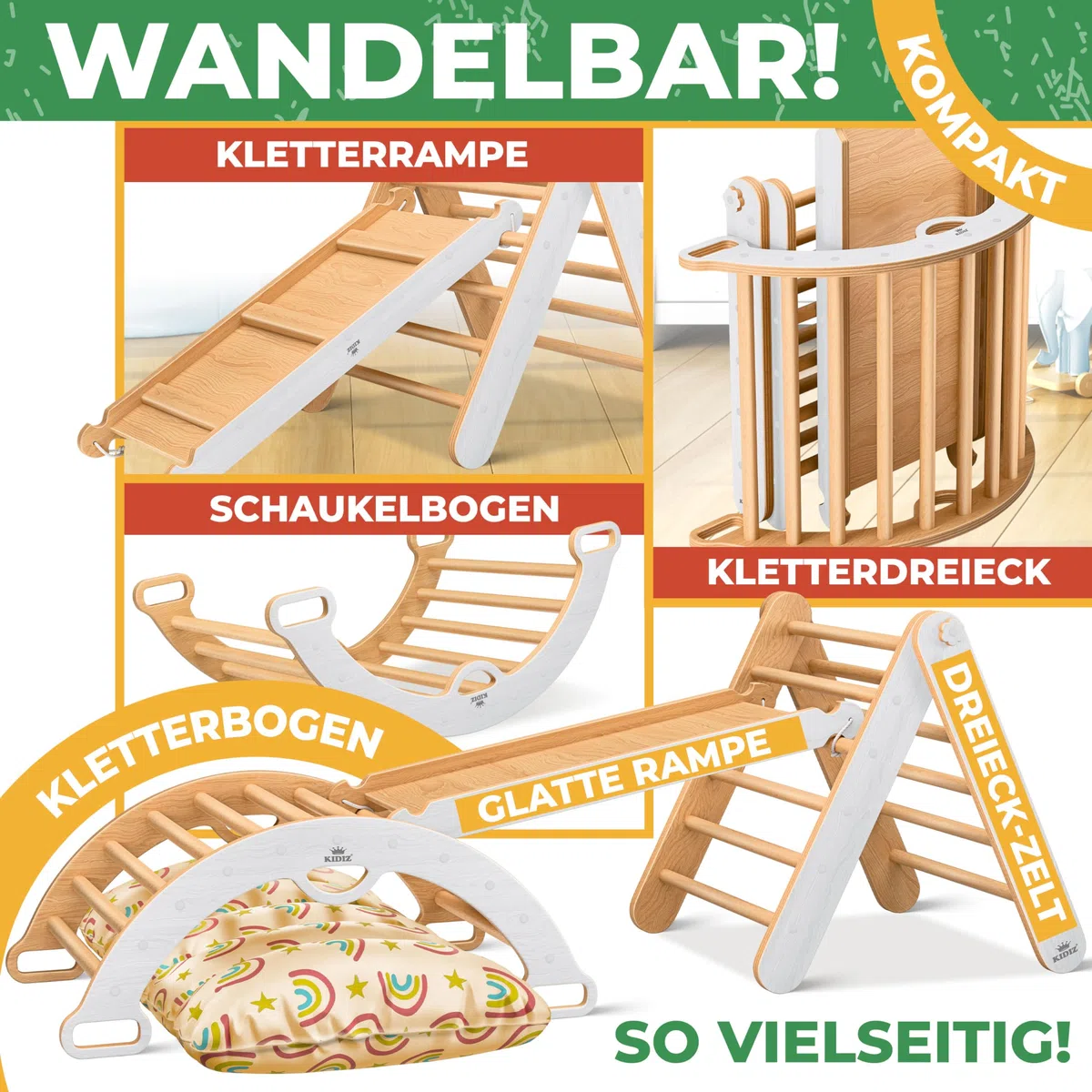 Kidiz Montessori Set di gioco 7 in 1 arrampicata scivolo triangolo legno cuscino lavagna orologio didattico
