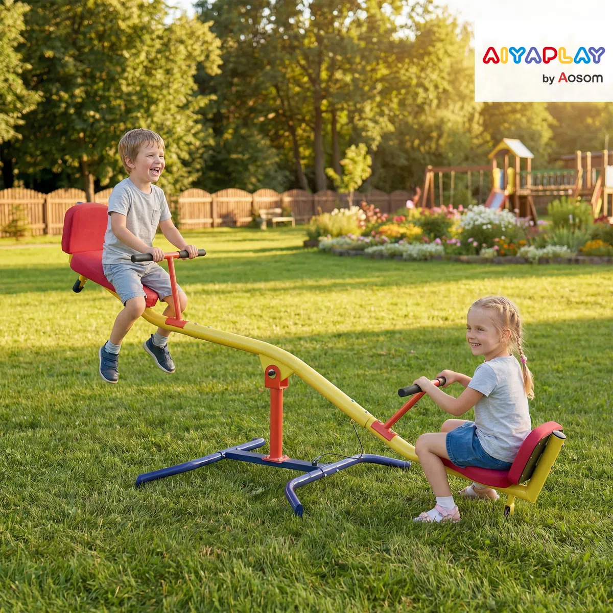 AIYAPLAY Altalena Bilico Bambini Girevole 360° 200kg 2 Posti Maniglie Antiscivolo Sedili Imbottiti Schienale Ruote Dondolo Esterno 253x96x75 cm