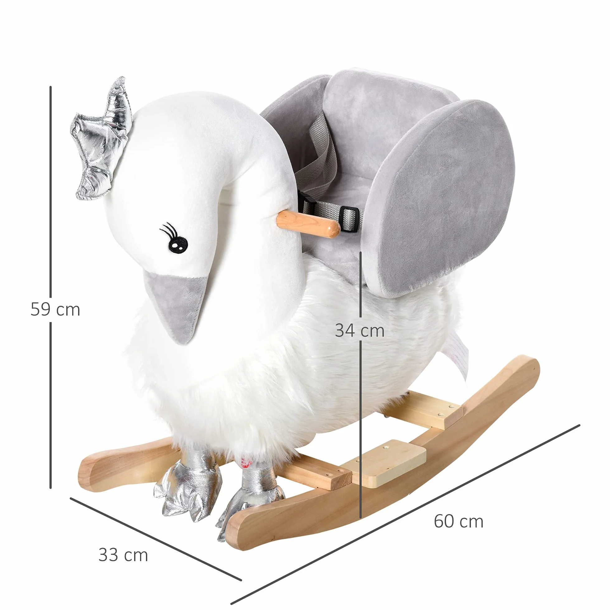 HOMCOM Cavallo a Dondolo per Bambini a Forma di Cigno, Dondolo Giocattolo Cavalcabile per Bambini 18-36 Mesi (Max 40kg), in Legno di Pioppo e Peluche, Bianco e Grigio