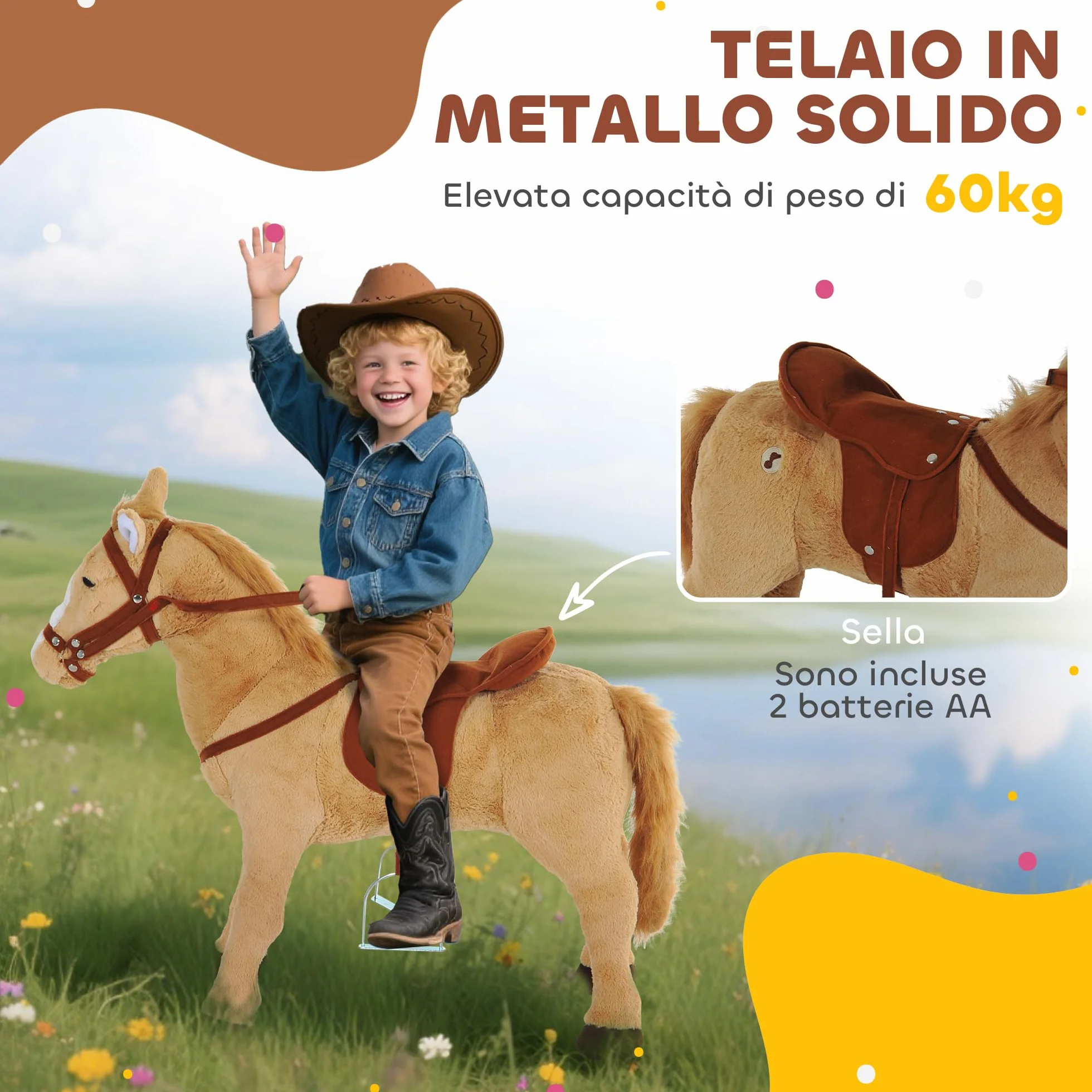 HOMCOM Cavallo Giocattolo con Sella, Briglie e Poggiapiedi, Cavallo Cavalcabile in Peluche, Metallo e Cotone PP, 85x28x60 cm, Beige
