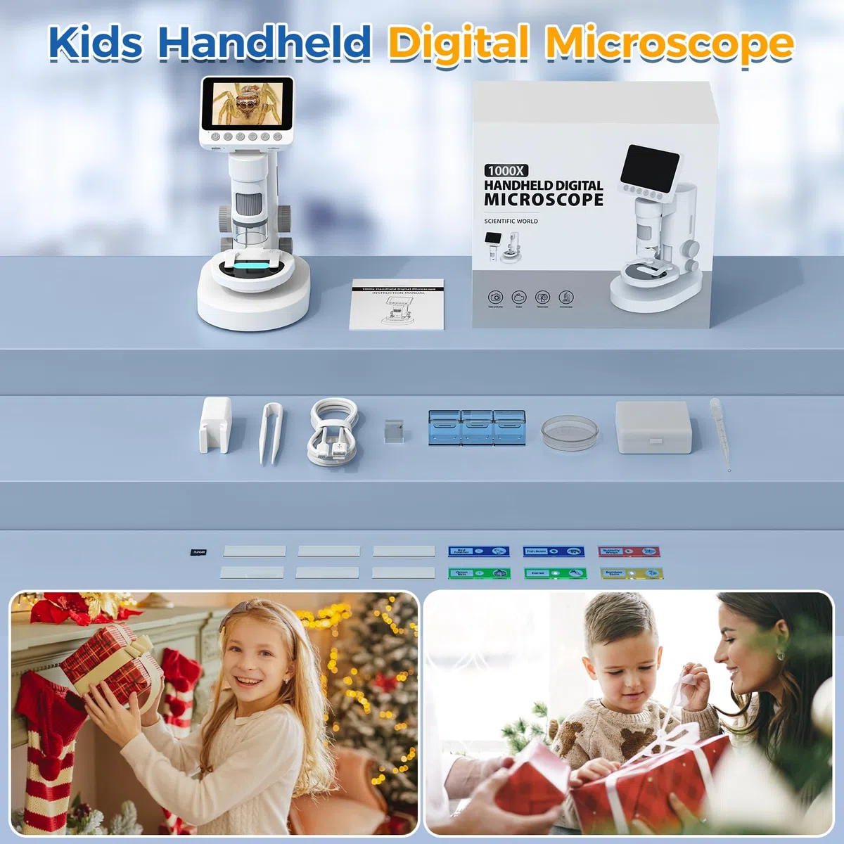 USCAMEL 1000X Microscopio Digitale per Bambini - Schermo 4K 3.5", Elettronico Ricaricabile con Kit di Vetrini - Educativo ingrandimento per monete, piante, insetti, apprendimento scientifico
