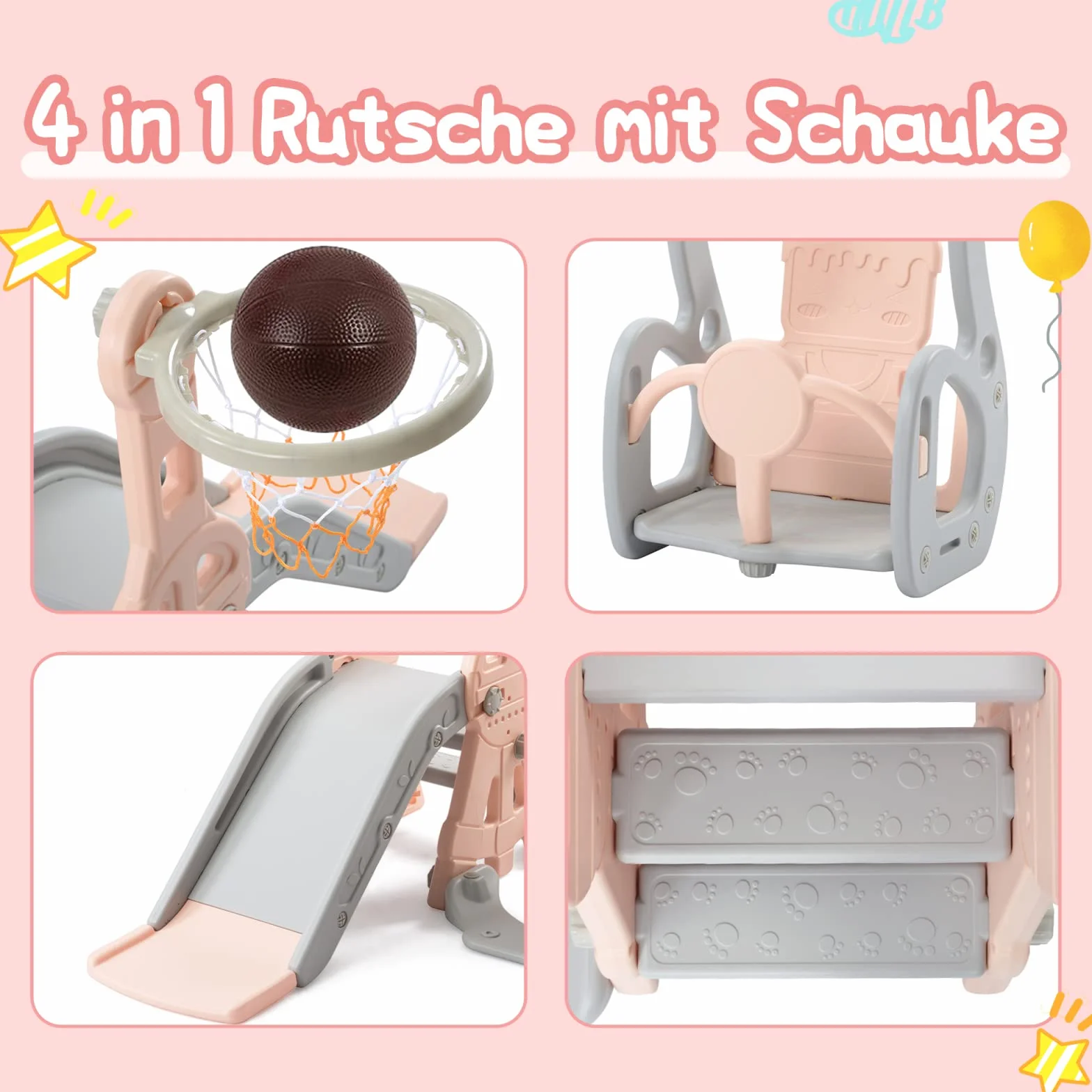 Scivolo per bambini 4 in 1, per interni ed esterni, con altalena, struttura per arrampicata, basket, scivolo da giardino, parco giochi per bambini, Easy Assembly (rosa – 4 in 1)