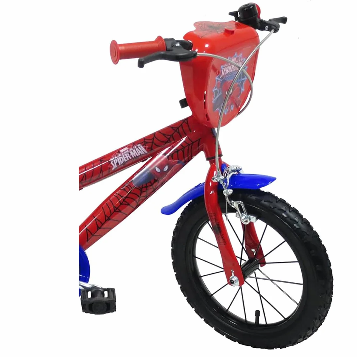 bicicletta da bambino con scudo anteriore, borraccia e stabilizzatori laterali di Spiderman misura 14 pollici