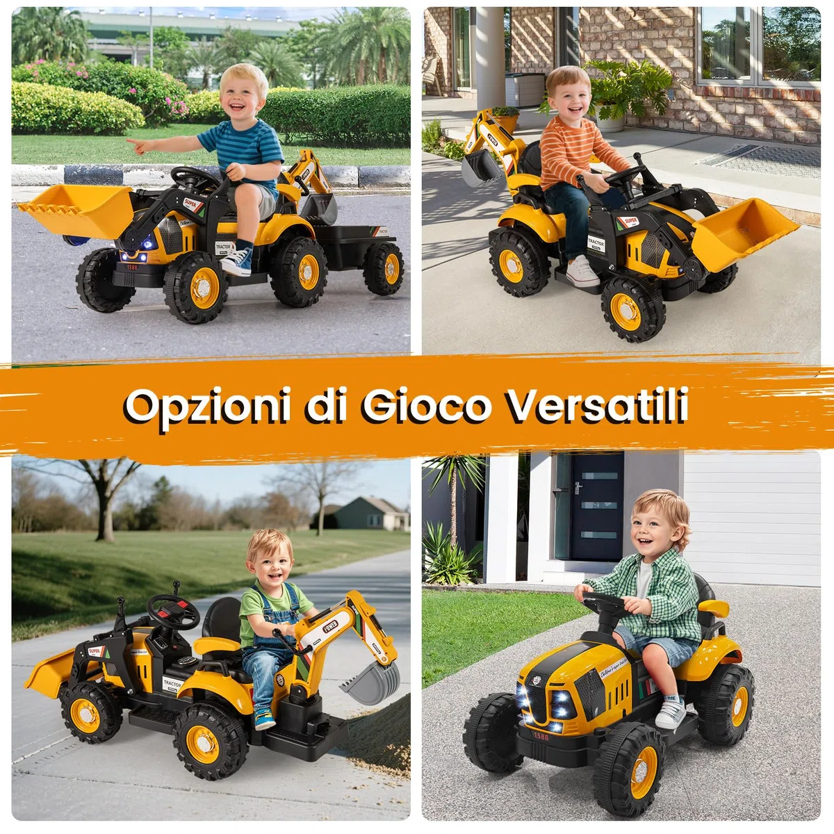 COSTWAY 4 in 1 Trattore Elettrico per Bambini 3-8 Anni con Telecomando, Rimorchio e Cucchiaia Staccabile, Doppi Motori Giallo