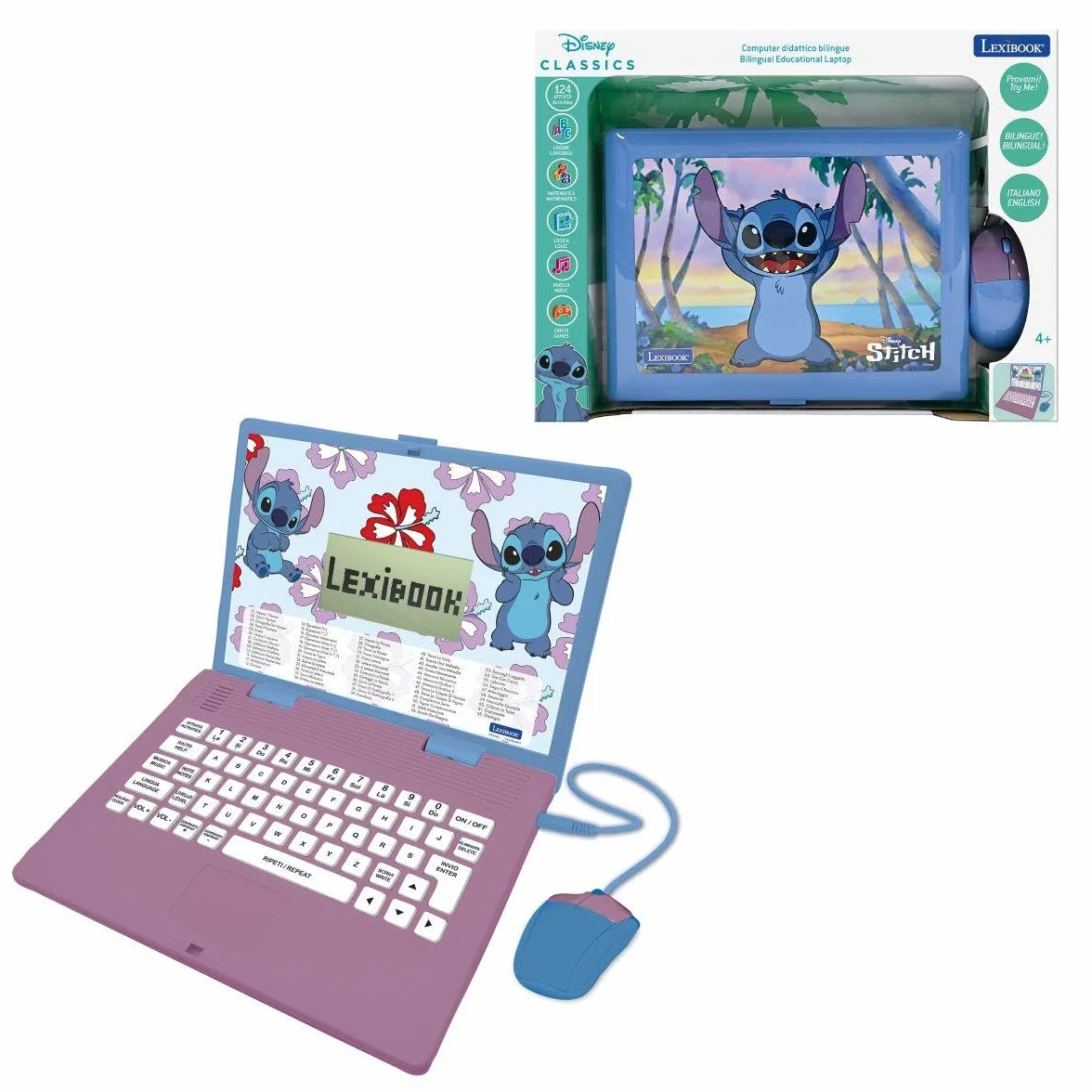 Lexibook, Disney Stitch, Computer educativo bilingue italiano/inglese, Giocattolo per bambini con 124 attività e giochi di lingua, scrittura, matematica, logica, musica, Viola/Blu, JC598Di5LXB