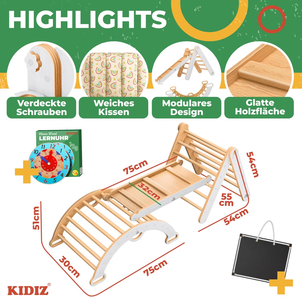 Kidiz Montessori Set di gioco 7 in 1 arrampicata scivolo triangolo legno cuscino lavagna orologio didattico