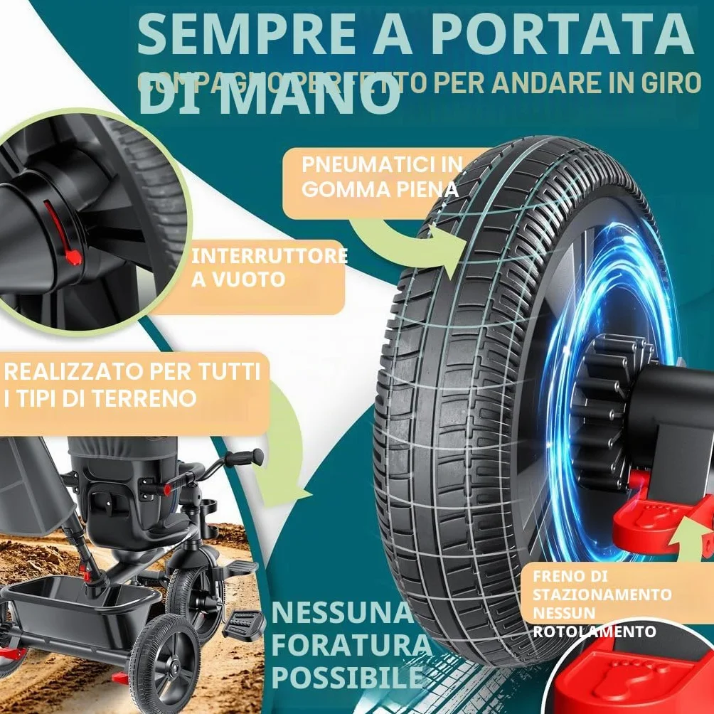 KIDIZ Triciclo 6 in 1 Dirigibile da 9 mesi Joggant anteriore e posteriore Peso massimo 25 kg Barra di spinta Cestino parasole Ruote in gomma