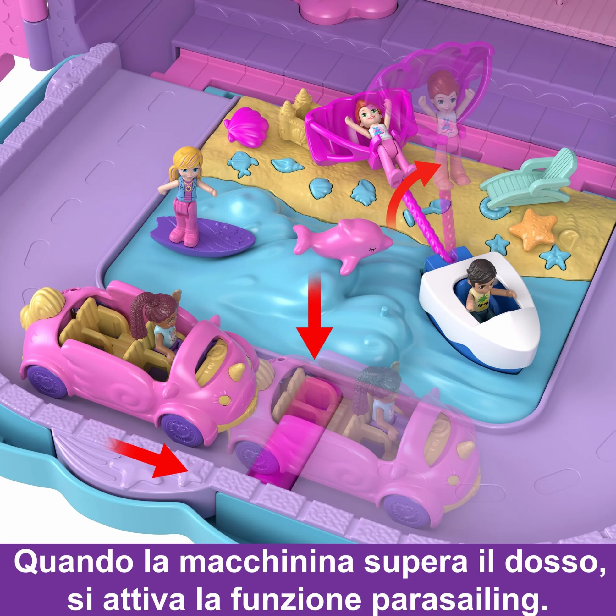 Polly Pocket Pollyville - Trolley Resort Vacanze, playset apribile con 3 località diverse, include 4 bambole, 1 veicolo e 25 accessori, giocattolo per bambini, 4+ anni, HKV43