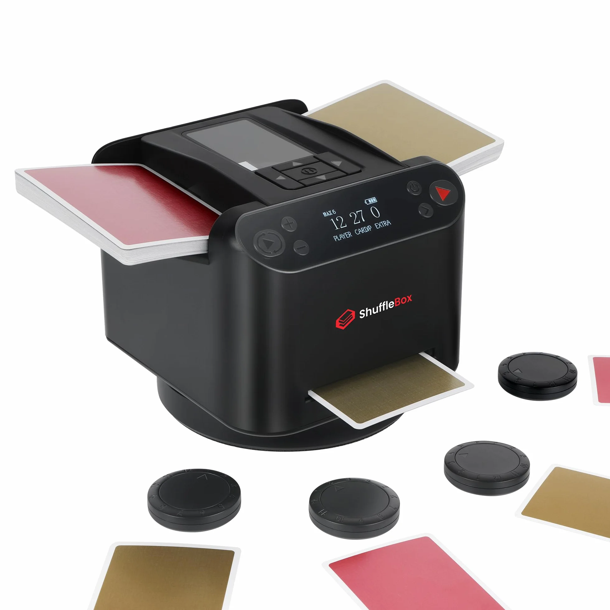 ShuffleBox G1 Pro Automatico Mescolatori di carte e commerciante di Carte 2 in 1,Ultra silenzioso, ricaricabile,Collabora con UNO, Five Crowns, Monopoly Deal, Bicycle and Maverick Cards (Nero)