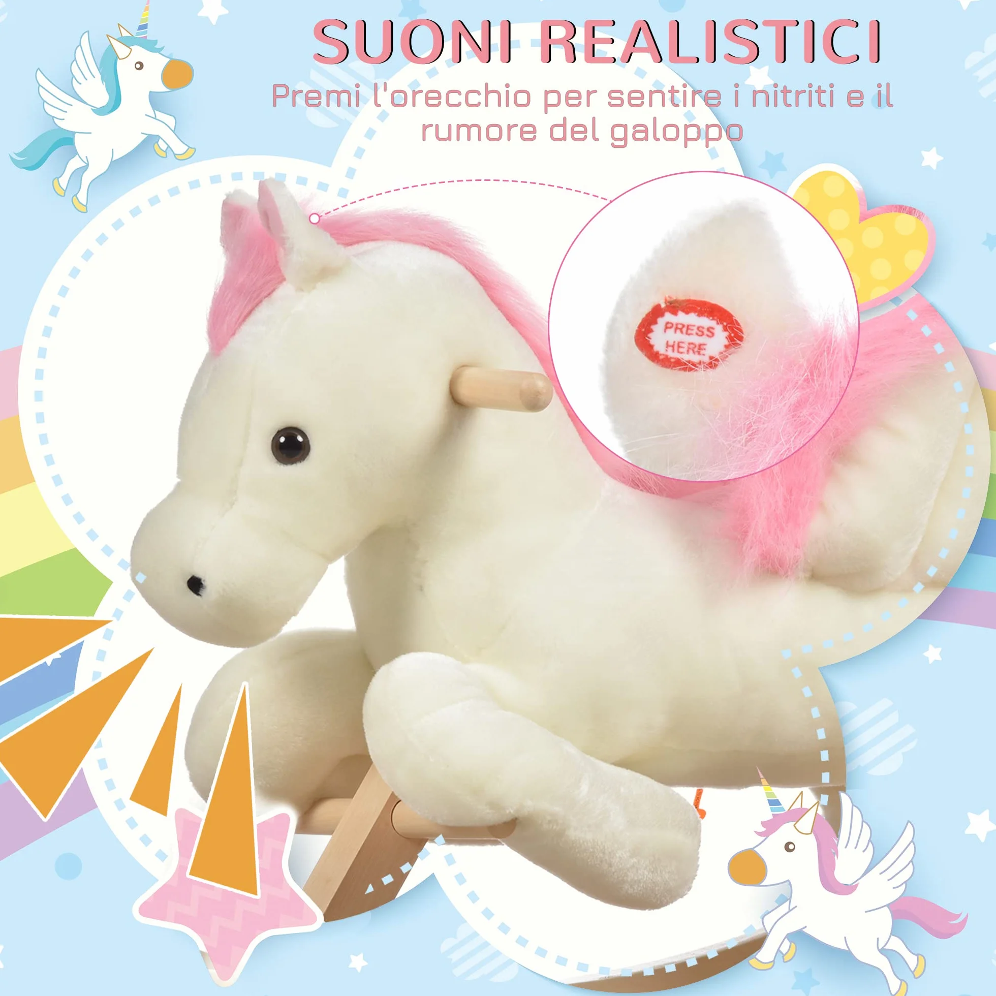 HOMCOM Cavallo a Dondolo Bianco e Rosa con Suoni e Struttura in Legno di Pioppo per Bambini 18-36 Mesi, 70x28x57cm