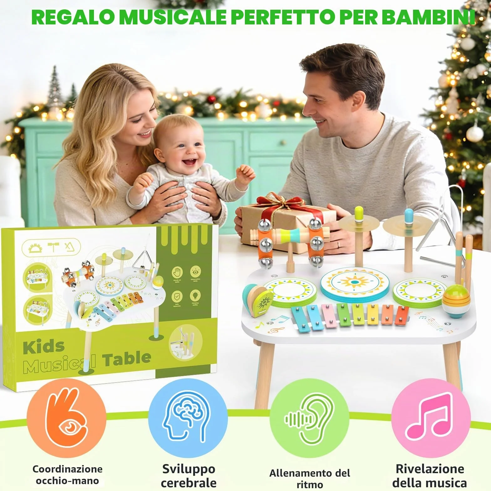 Batteria 12‑in‑1 Bambini 1‑3 Anni, Tavolo Strumenti Musicali Bambino, Giocattoli Legno Montessori con Xilofono, Bonghi, Piatto, Maracas & Campanelli da Polso, Regalo Bambino Bambina Bambina 1 2 3 Anni
