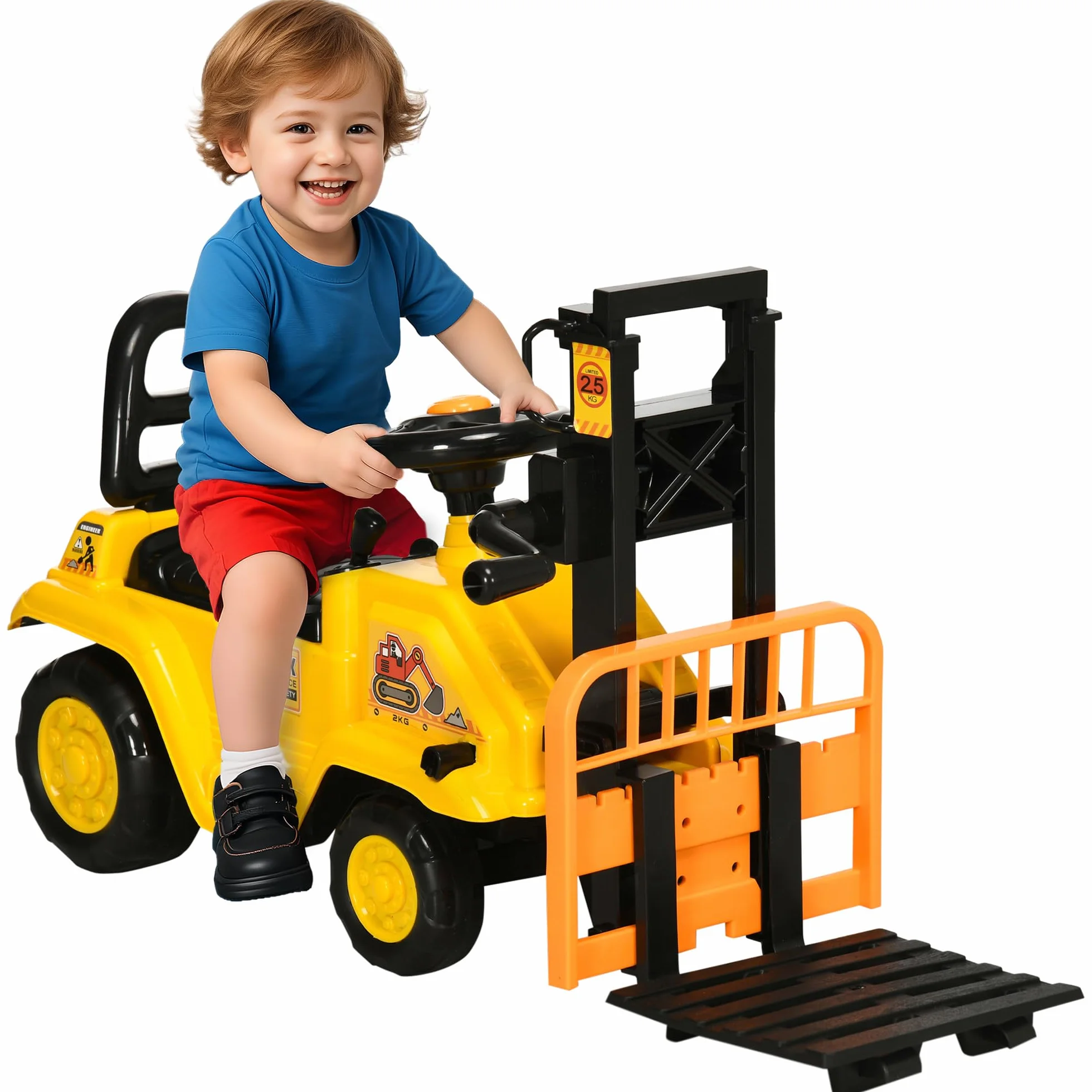 HOMCOM Trattore Cavalcabile per Bambini 3-4 Anni con Muletto, Pulsante per Suoni e Spazio Portaoggetti Nascosto, in PP e ABS, 86x27.5x47.5 cm, Giallo e Nero
