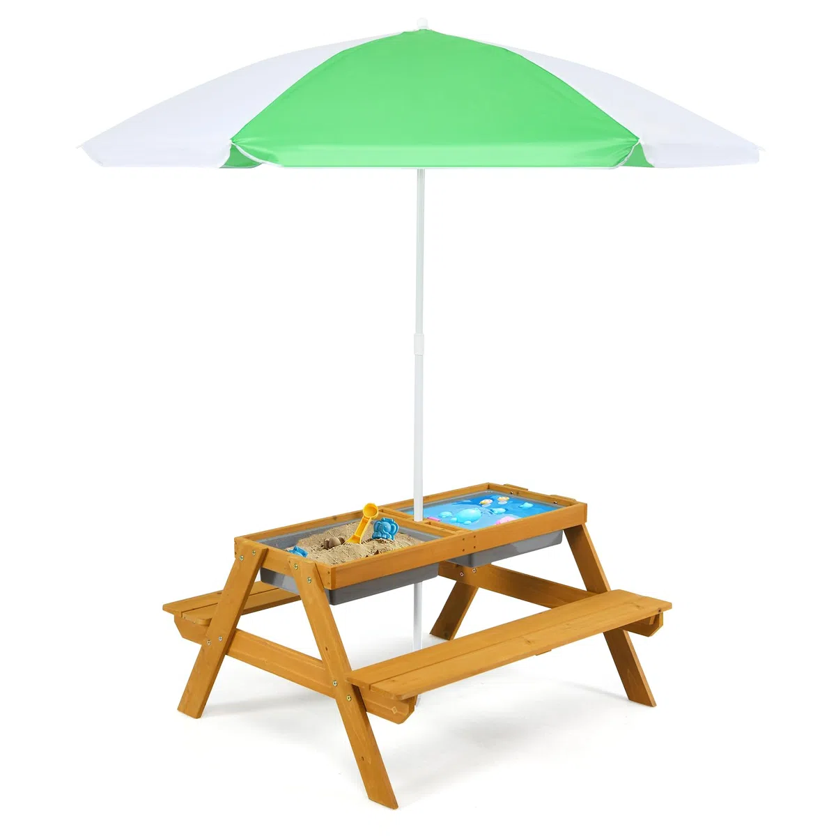 SOARS 3-in-1 Set Tavolo Picnic per Bambini, con Ombrellone Regolabile e 2 Vaschette da Gioco, Panche per Bambini in Legno di Abete, Giochi Esterno da Giardino e Parco, 187 cm (Verde + Giallo)