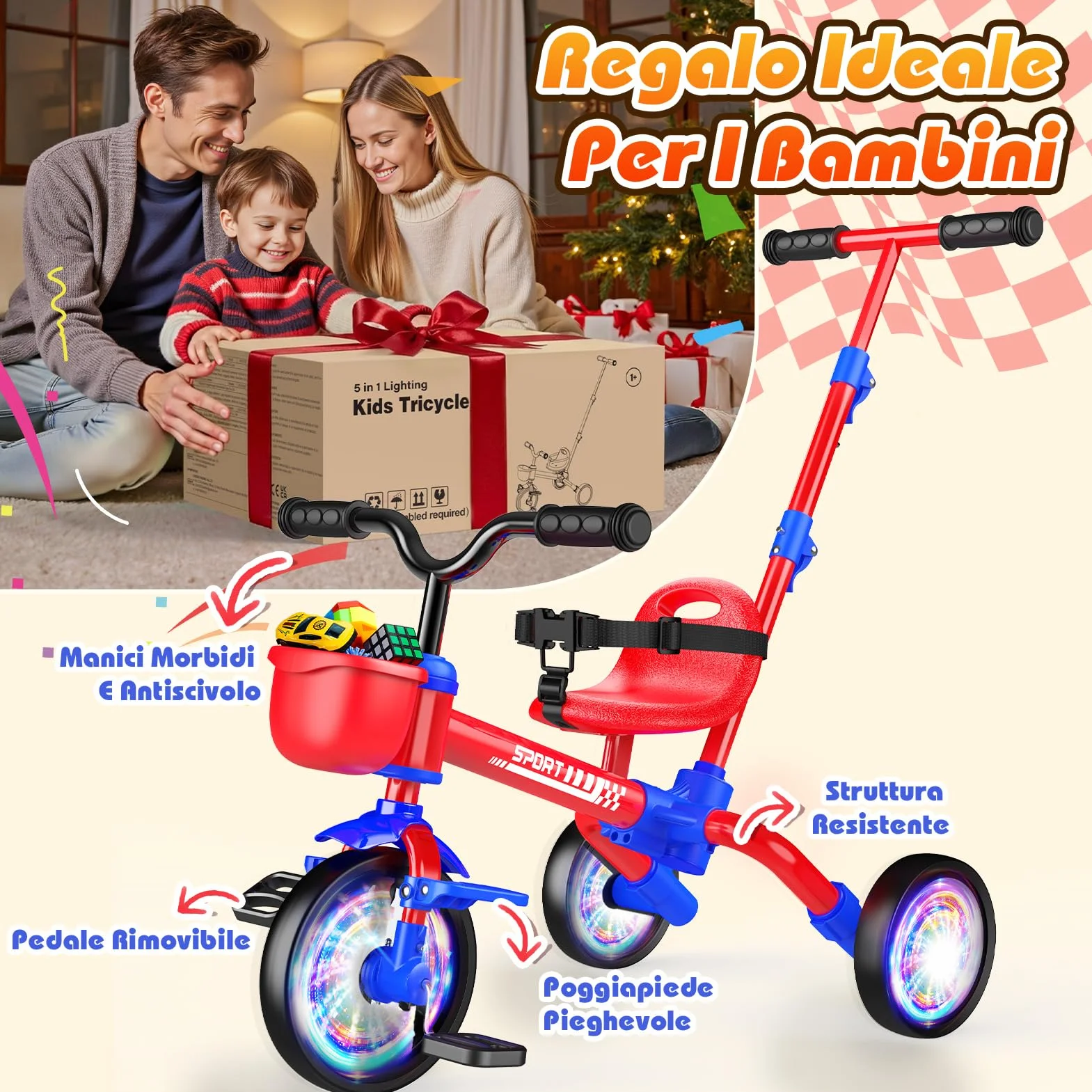 HappyGoLucky 5 in 1 Triciclo per Bambini Evolutivo, Bicicletta Bambini 1-5 Anni-Ruote Luminose/Maniglia Parentale/Sedili&pedali Regolabili