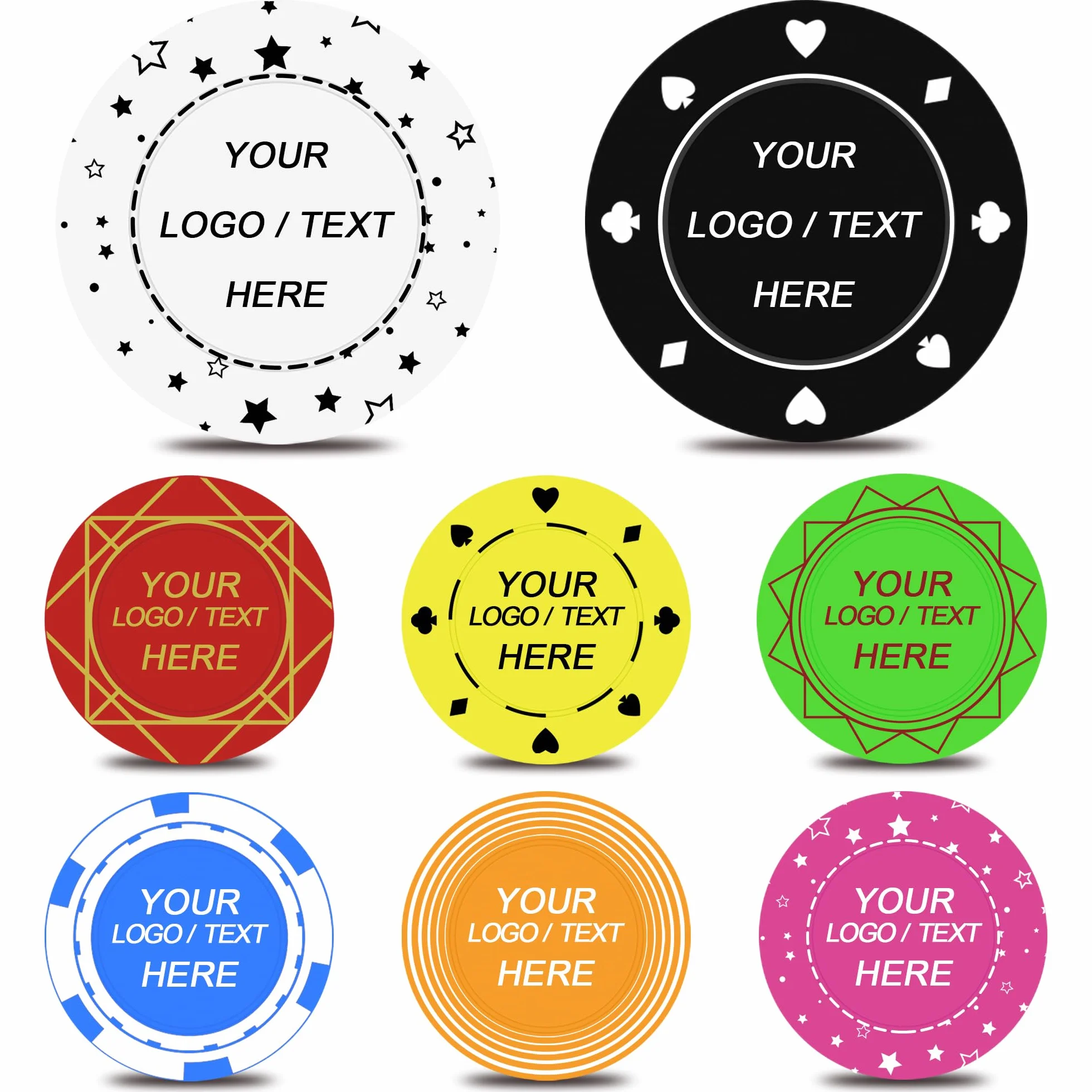 100 fiches da poker in plastica personalizzate per 9 colori, immagine o testo personalizzati, design su stampa HD, set per gettoni da bar, pubblicità aziendale, coppie, feste