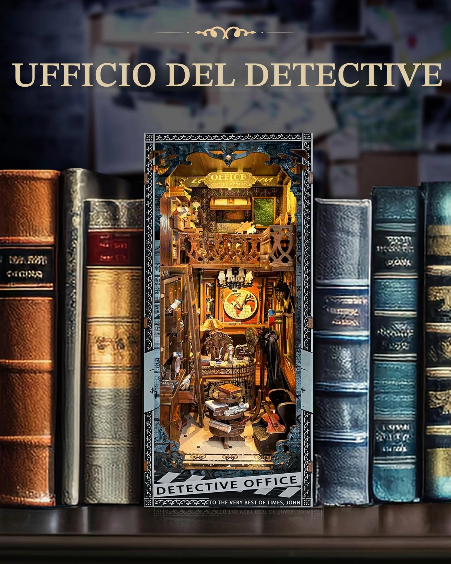 Quanquer Book Nook Kit_ con luce a LED, copertura antipolvere in miniatura, casa delle bambole in miniatura, libreria in legno 3D, puzzle in legno, detective office booknook(detective Office)