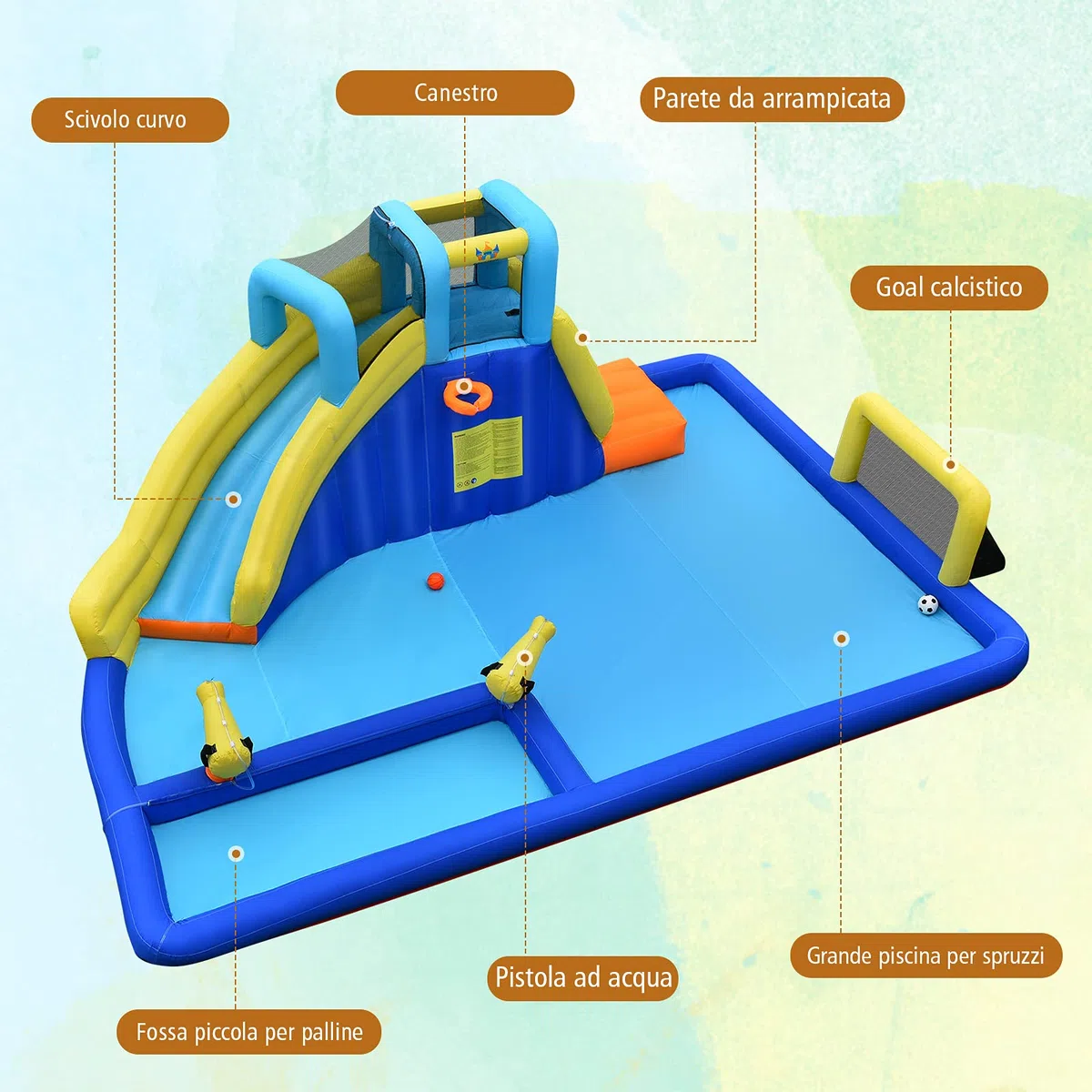 COSTWAY Castello Gonfiabile Per Bambini, Con Scivoli, Muro da Arrampicata e Piscina, Per 3 Bambini 3-10 Anni, Con Borsa di Trasporto e Kit Riparazione (Con soffiatore)