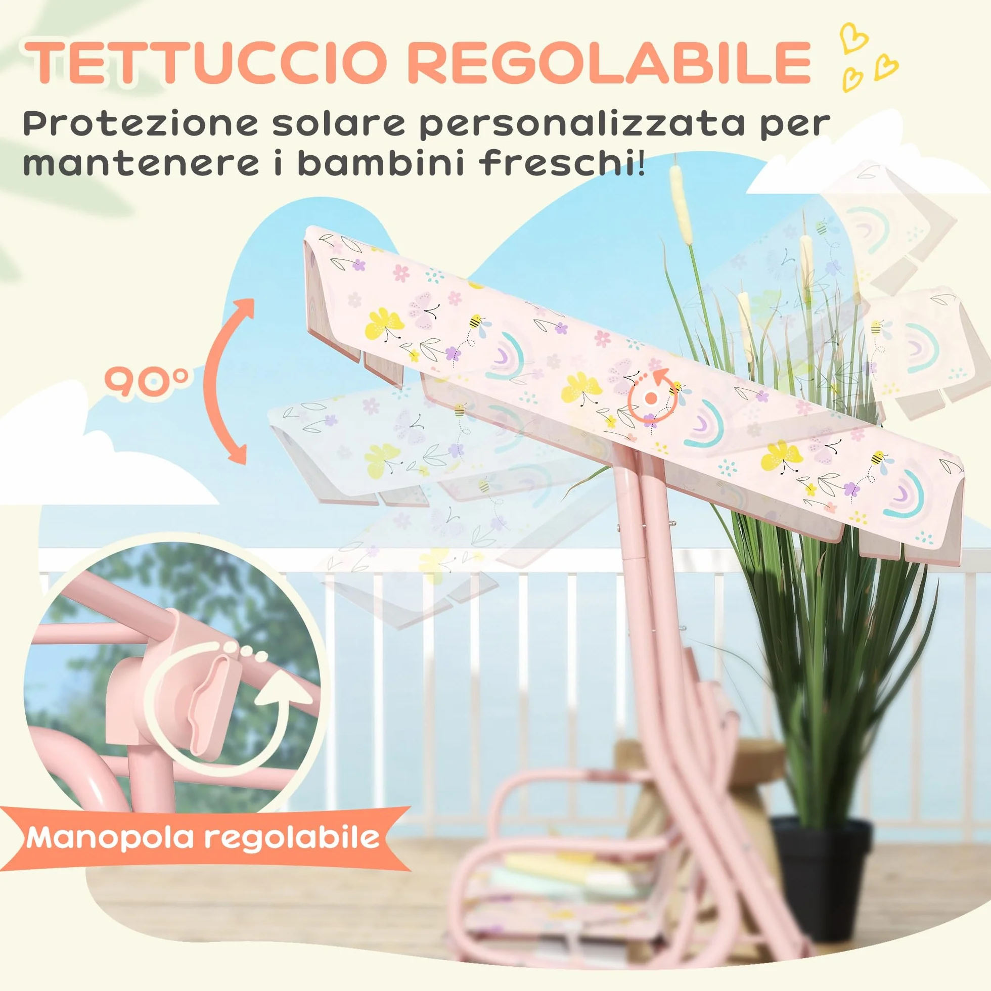 AIYAPLAY Dondolo per Bambini da Esterno a 2 Posti con Tettuccio Regolabile e Cinture di Sicurezza, Altalena Dondolo da Giardino e Interno in Acciaio e Oxford, Max 60 kg, 112x75x120 cm, Rosa
