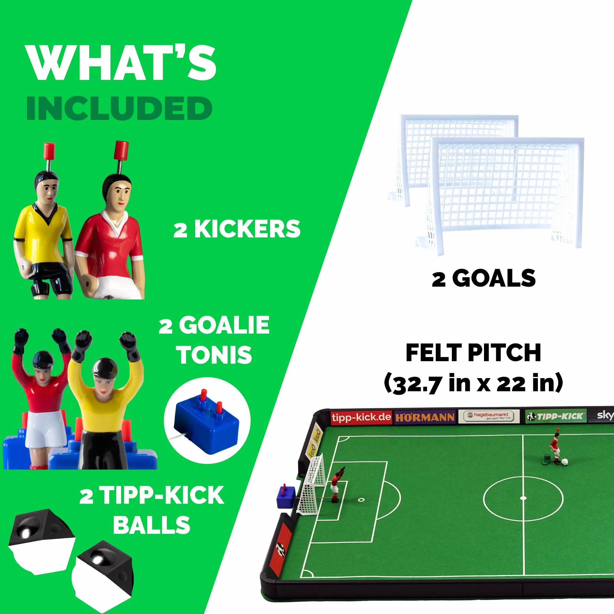 TIPP-KICK Junior Cup 82x56 cm con Bordo - Set Pronto per Giocare con 2X Giocatori, 2X Portieri, 2X Reti in Plastica, 2X Palloni I Campo da Gioco in Feltro