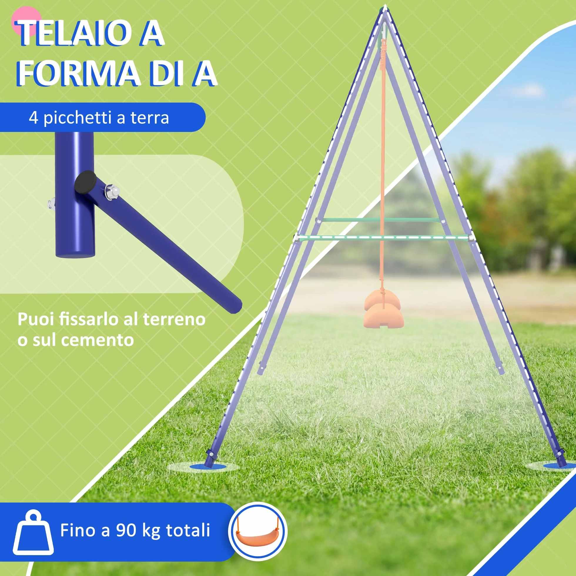 Outsunny Altalena per Bambini 3-8 Anni con 2 Seggiolini e 4 Picchetti, Altalena Doppia da Giardino in Metallo, 269x160x180 cm, Multicolore