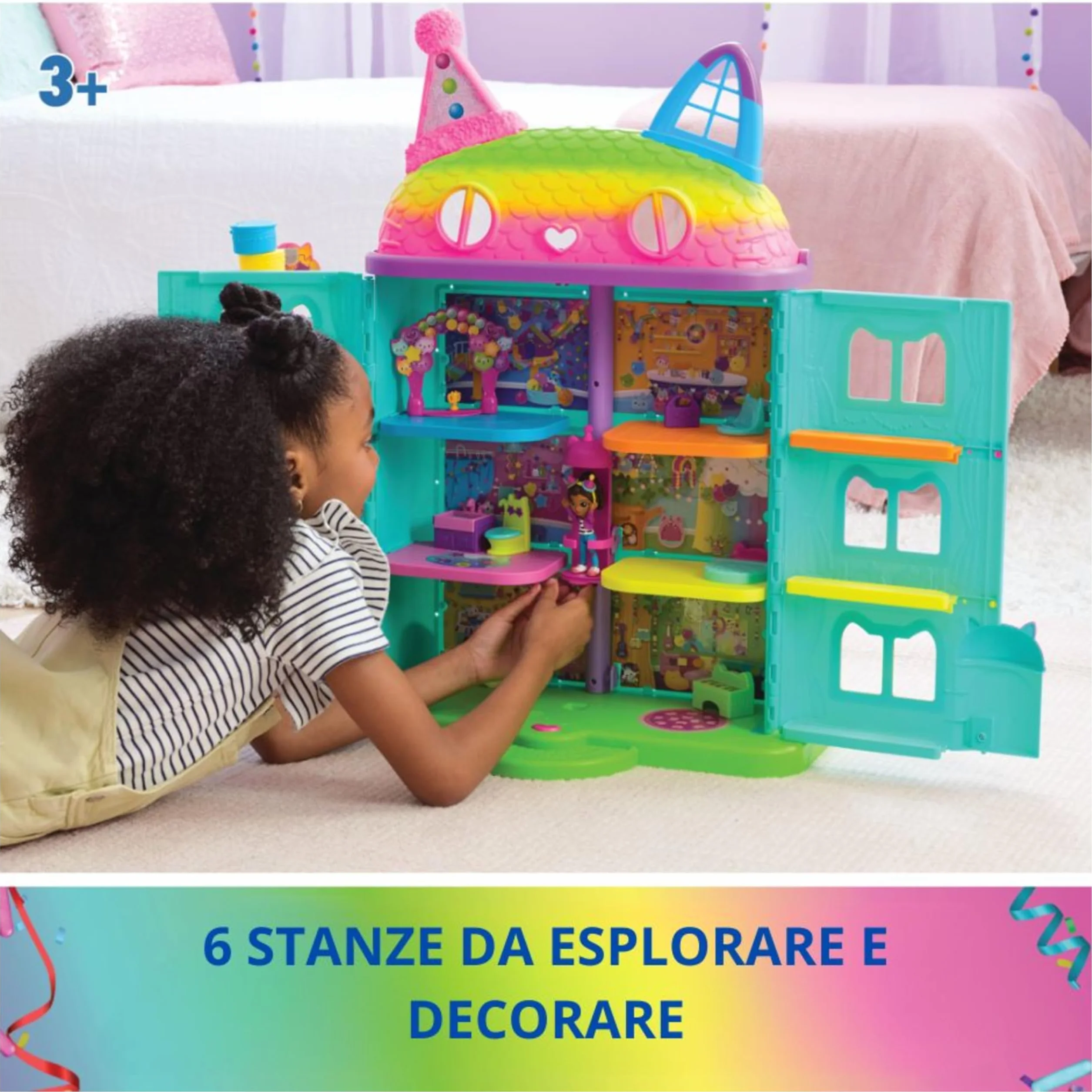 Gabby's Dollhouse, la Casa delle Bambole di Gabby a Tema Festa, 15 Pezzi a Tema Arcobaleno, Personaggi e Mobili per la Casa delle Bambole con Effetti Sonori, Alta 60 cm, 3+ Anni