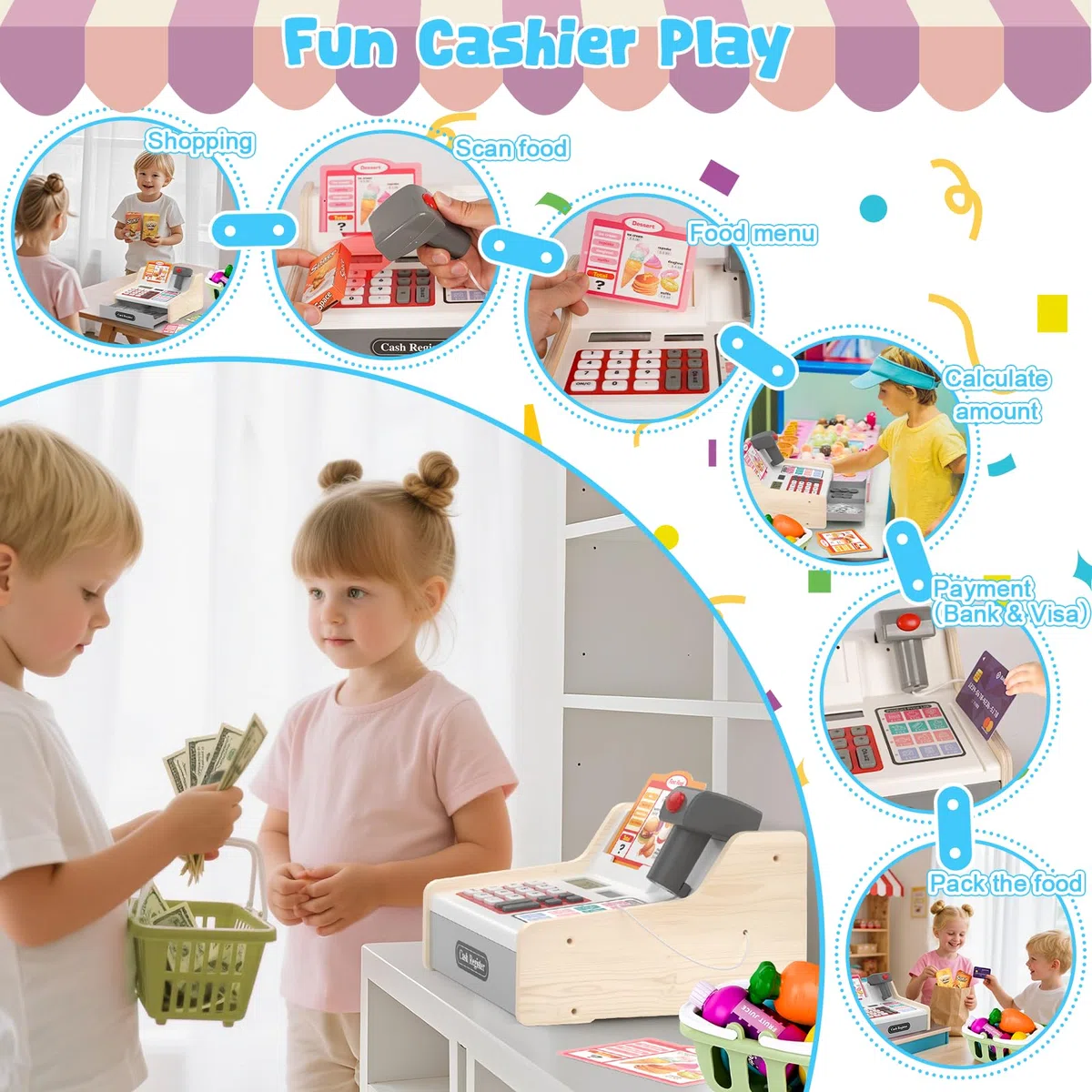 maysida Cassa Giocattolo in Legno con Scanner e Suoni per Bambini 3-5 Anni, Set Negozio con Monete, Carte, Carrello e Cibo Natale o Compleanno