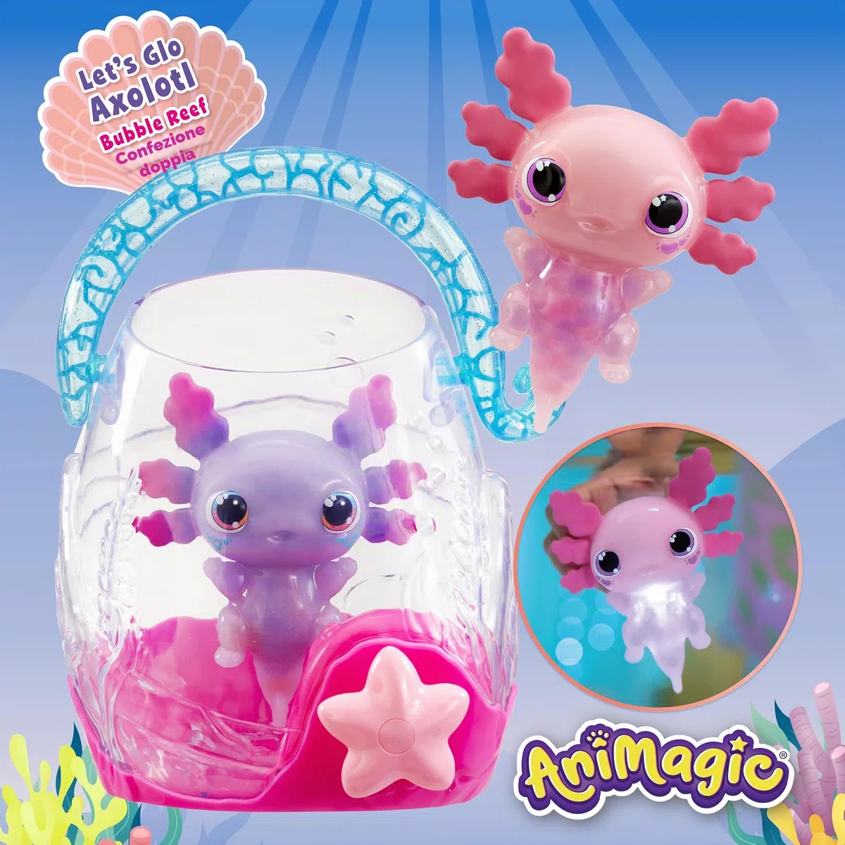 ANIMAGIC Let's Glo Axolotl Bubble Reef Acquario interattivo 2 axolotl rosa viola Compagni elettronici luminosi Gioco sensoriale tattile bambini 4+