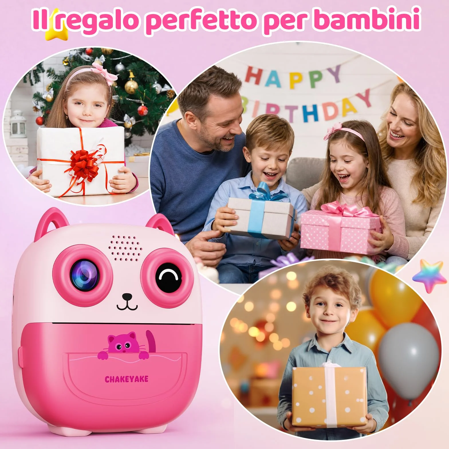 CHAKEYAKE Macchina Fotografica Bambini Istantanea, AI Riconoscimento Vocale E Immagini, Schermo da 2,4 Pollici, Funzione Foto & Video, Adesivi Creativi E Filtri, Regalo Per Ragazzi Ragazze, Rosa