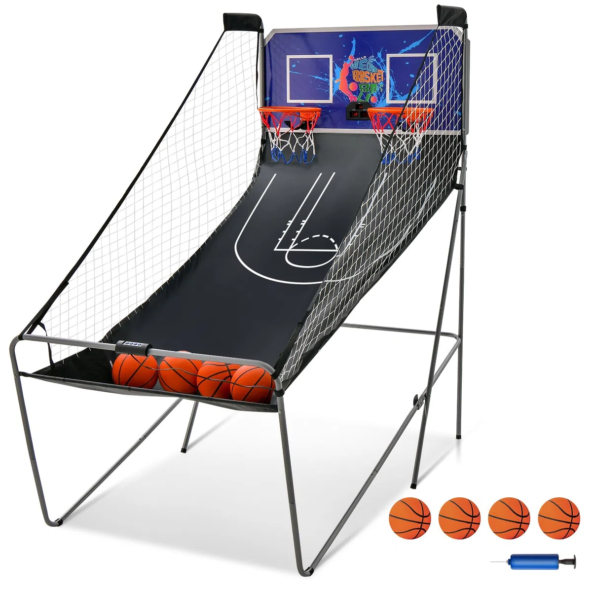 KOMFOTTEU Set di cestini da pallacanestro, arcade pieghevole a doppio cestino con contatore elettronico, 8 in 1 macchina da tiro da basket con 4 palline e pompa, 202 x 107 x 205 cm (blu)