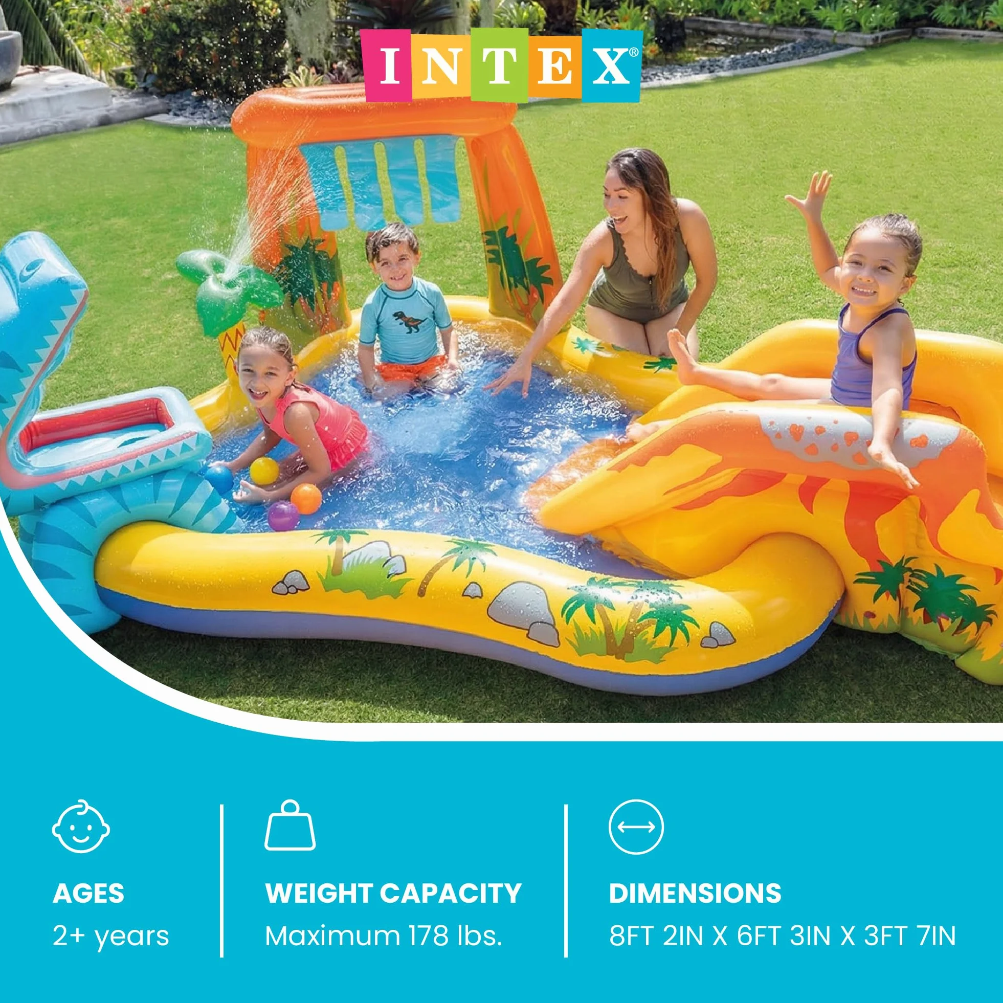 Intex 57444NP - Piscina Gonfiabile Playground Dinosauri, Vinile, Multicolore, 249x191x109 cm