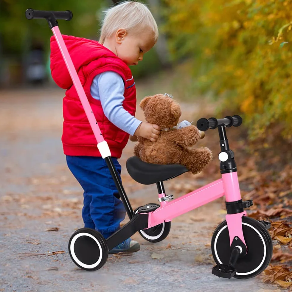 bicicletta per bambini con frizione,Triciclo 3 in 1 con manico scorrevole per bambini da 1 a 3 anni, ruota pieghevole, ruote più grandi, pedali rimovibili, 3 in 1 (rosa)