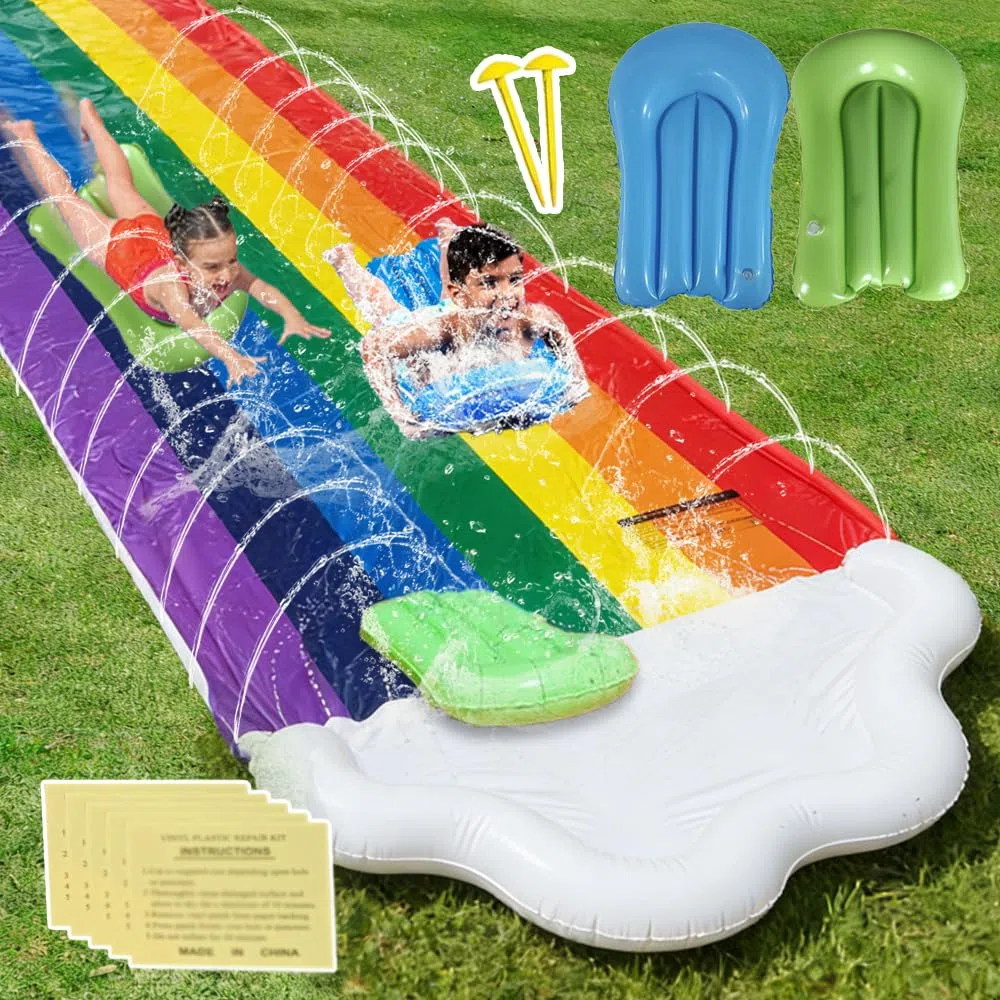 Pista Scivolo Acqua Doppio da Giardino 480x140CM con Irrigatore e 2 Tavole Gonfiabili per Festa Estiva