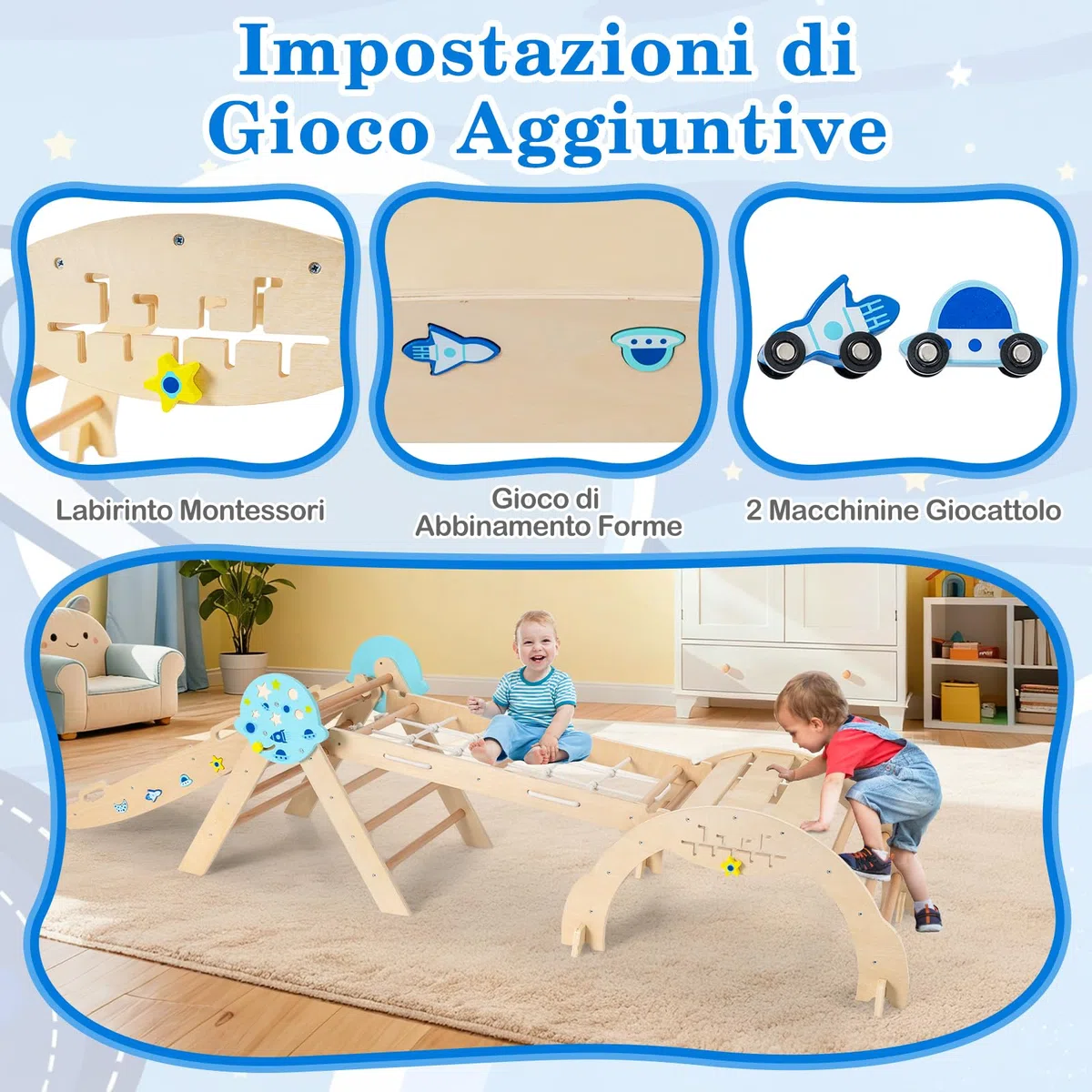 COSTWAY Set da Arrampicata in Legno per Bambini, Giocattoli Montessori 8 in 1 con Triangolo Arco Rampa e Corda, Naturale