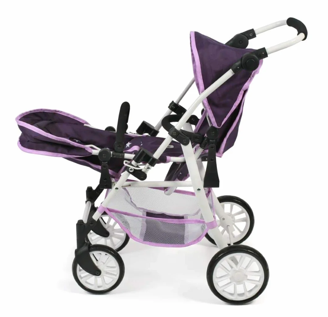 Tandembuggy Twinny - Passeggino gemellare per due bambole, passeggino per bambini dai 4 agli 8 anni, motivo: stelle viola