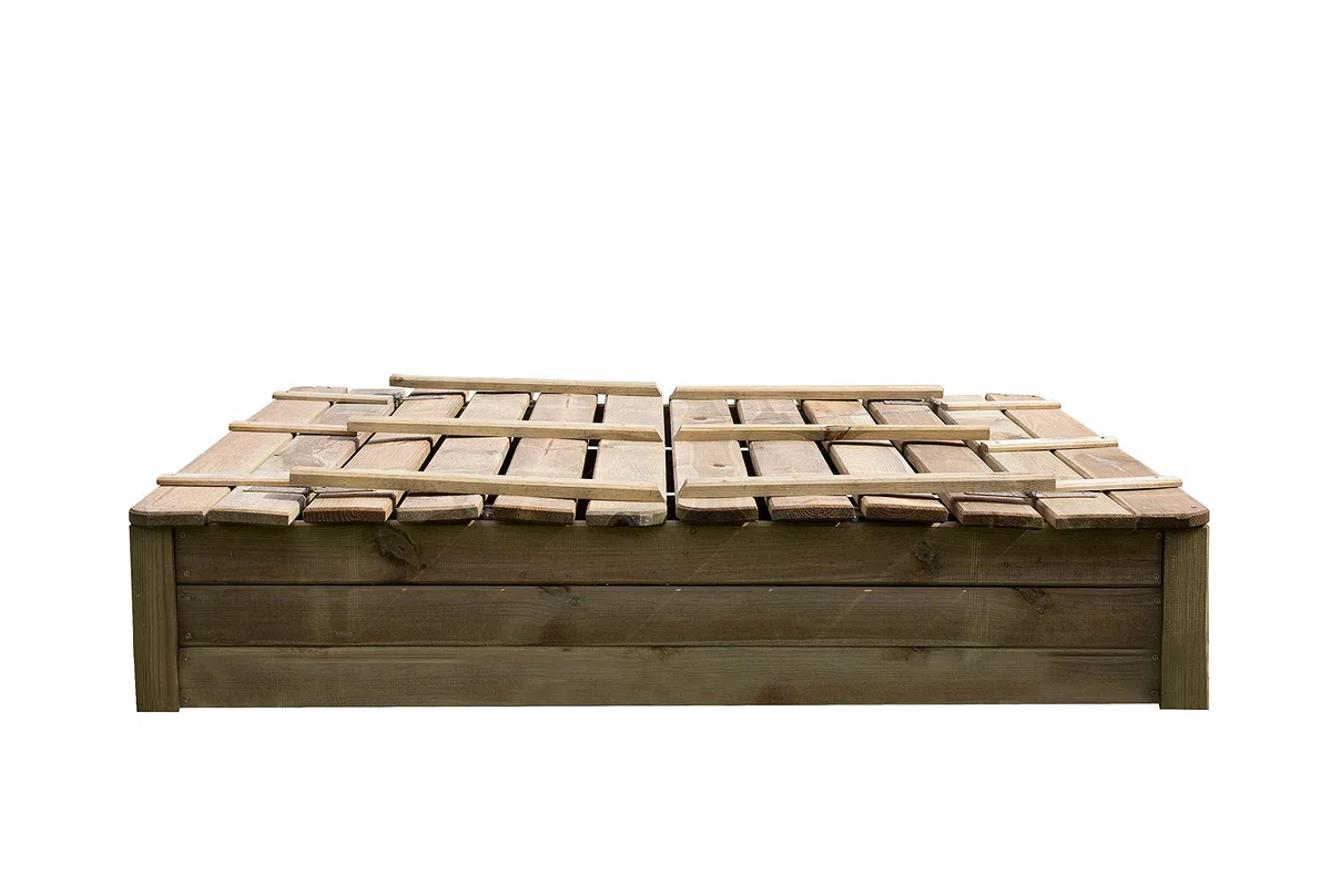 AVANTI TRENDSTORE - Sand - Sabbiera in legno con chiusura a ribalta, con 2 panchine integrate, pieghevole. in legno massello. Dimensioni. LAP ca. 120x30x120 cm