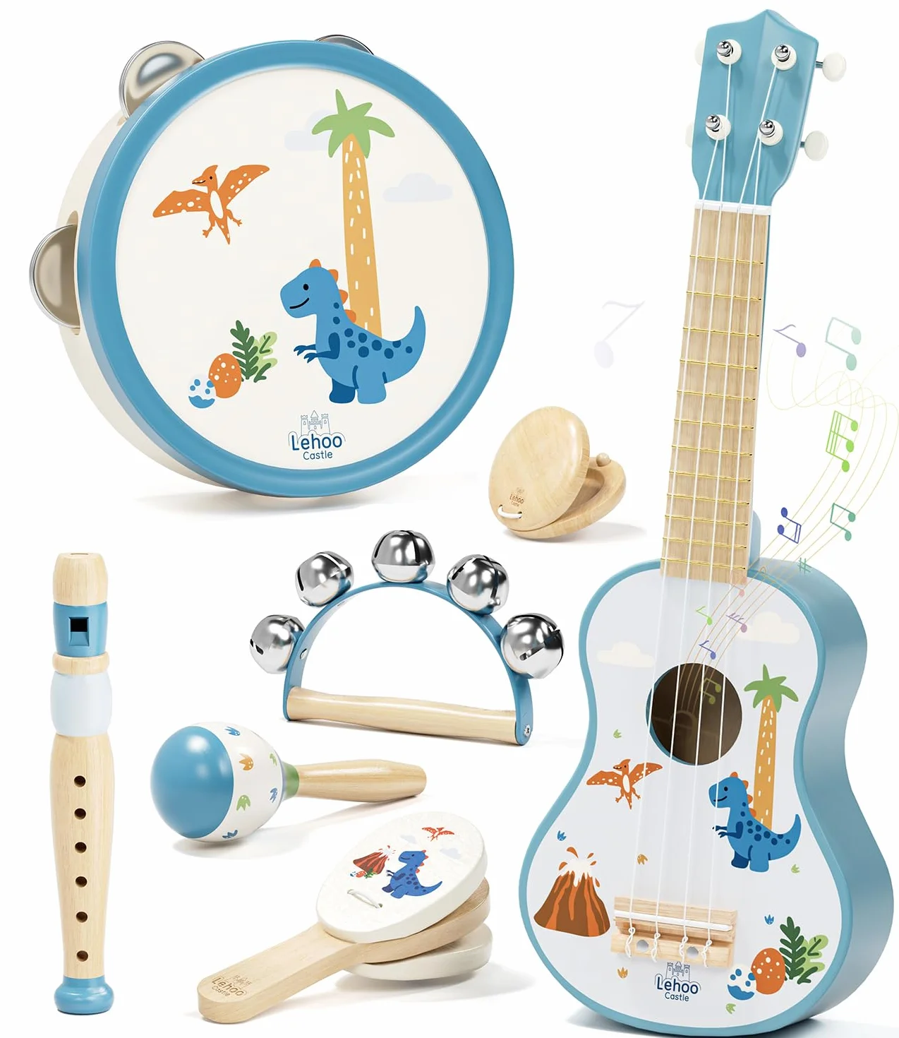 Lehoo Castle Chitarra per Bambini, 7 Strumenti Musicali Montessori Giochi, con ukulele, Tamburello, Flauto, Maracas, Giocattoli in Legno, Giocattoli Didattici, Regalo per bambini di 1, 2, 3 anni