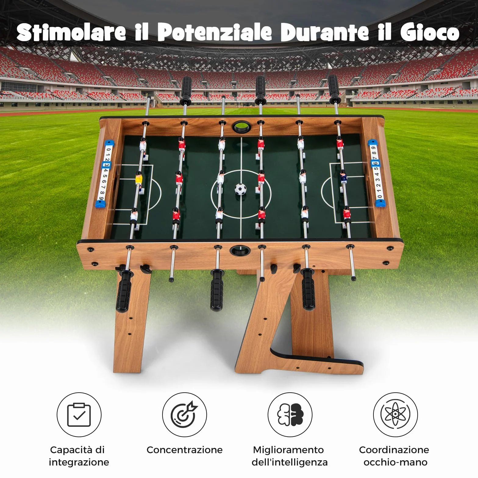 RELAX4LIFE Calcio Balilla Pieghevole in Legno per Bambini e Adulti, 6 Aste, 18 Giocatori, 2 Palline e Segnapunti, Biliardino da Casa Salvaspazio con Maniglie Antiscivolo, 69 x 60 x 71 cm, XC924846IT