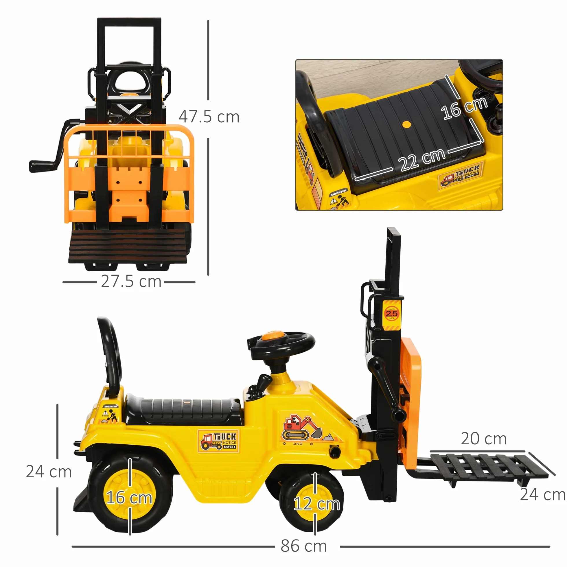 HOMCOM Trattore Cavalcabile per Bambini 3-4 Anni con Muletto, Pulsante per Suoni e Spazio Portaoggetti Nascosto, in PP e ABS, 86x27.5x47.5 cm, Giallo e Nero