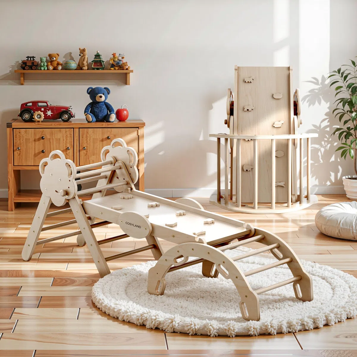 COSYLAND Triangolo di Pikler Regolabile 3 Livelli con Scivolo 8 in 1 per Bambini 18M-6Y Naturale