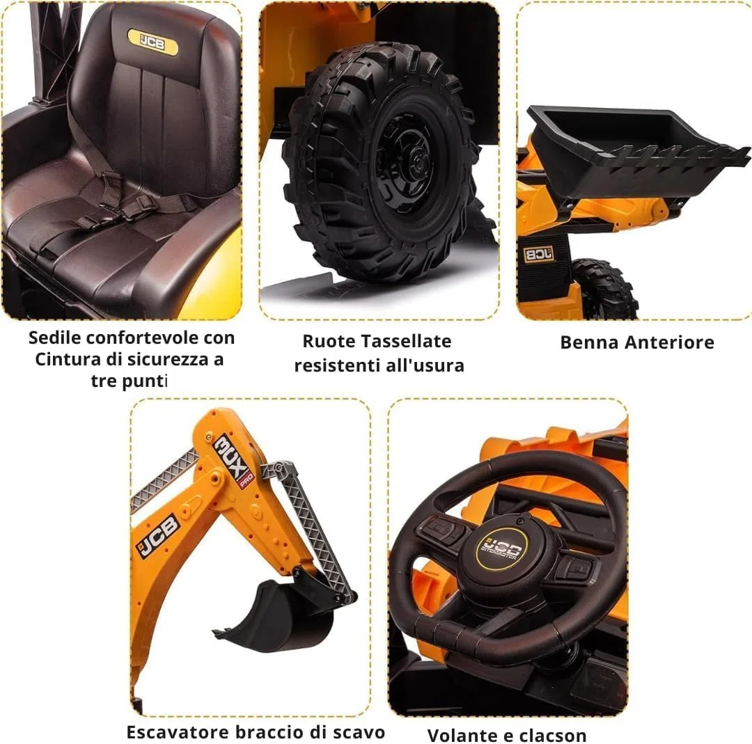 JCB Escavatore Elettrico per Bambini 24V 4 in 1 Cavalcabile con Telecomando Parentale
