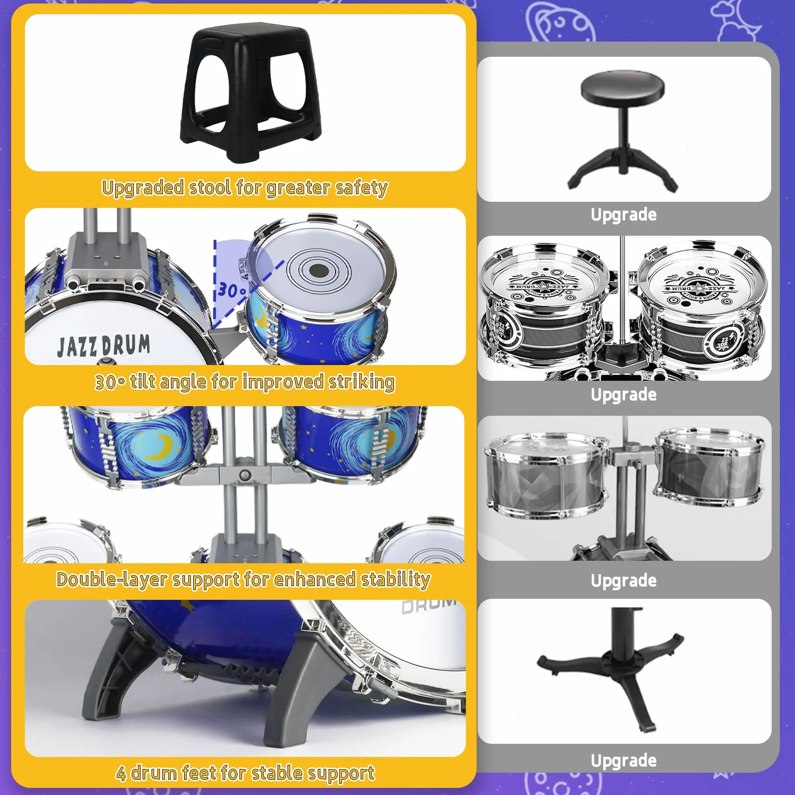 Batteria Bambini Giocattolo, 5 Tamburi Batteria Jazz Kit Strumento Musicale Percussione Educativo Giocattolo con Sgabello per 3 4 5 6 Anni Principianti Ragazzi Ragazze Compleanno Natale Regali, Blu
