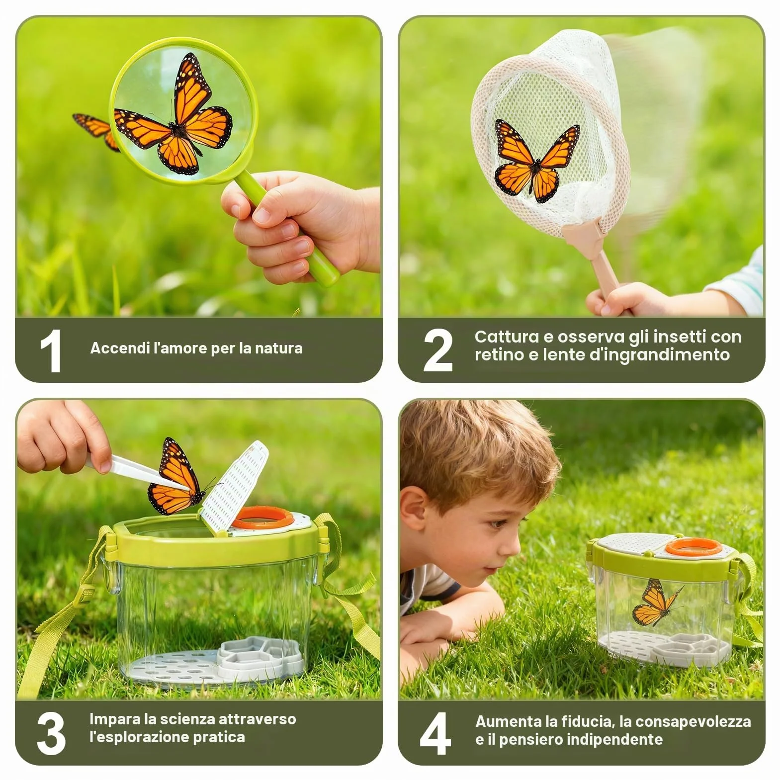Dreamon Carriola per Bambini 17PCS – Set Giardinaggio Bambini con Attrezzi Lunghi e Corti, Guanti, Kit Esplorazione con Scatola Insetti, Retino, Lente d’Ingrandimento – Gioco Educativo Esterno 3+ Ann
